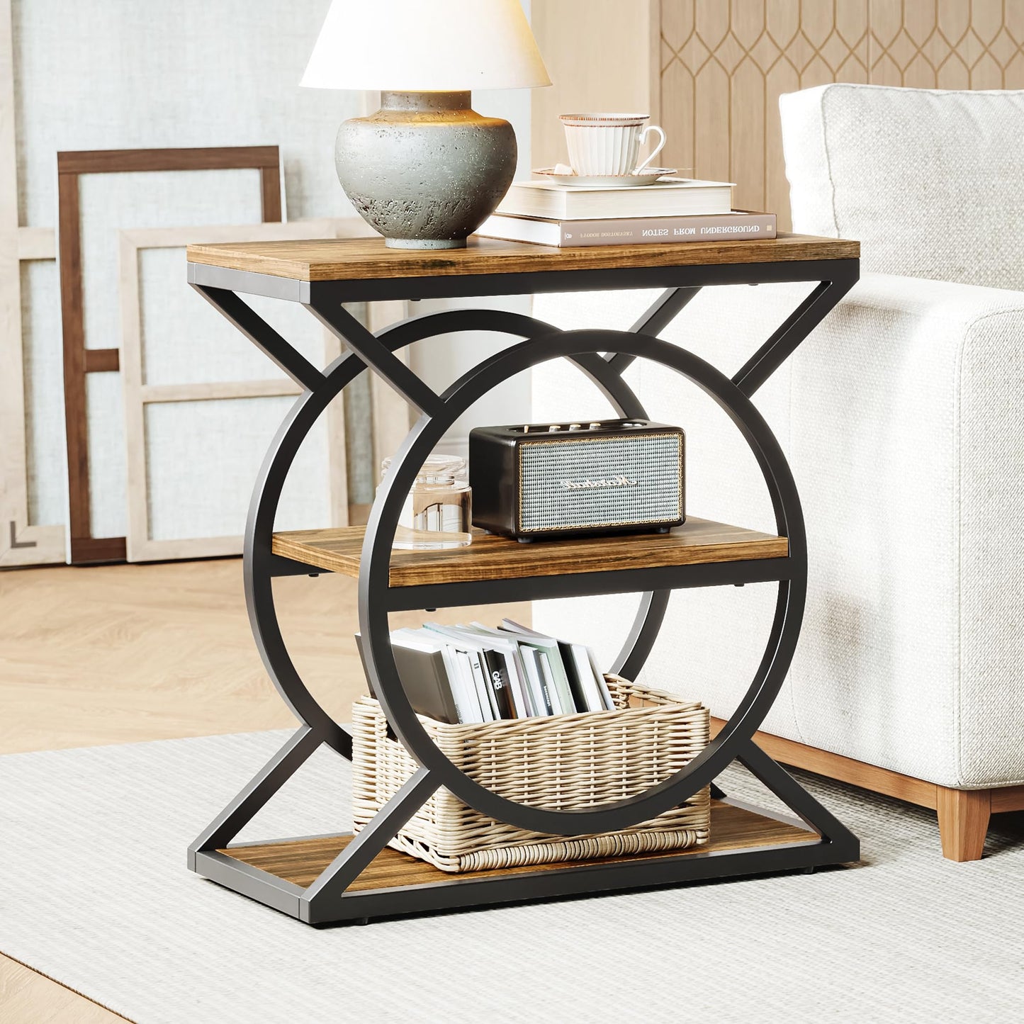 LIKEMET End Table, 3-Tier Small Table with Storage, Narrow Sofa Side Table with Geometric Metal Frame, Industrial Nightstand for Living Room, Bedroom, Rustic Brown and Black
