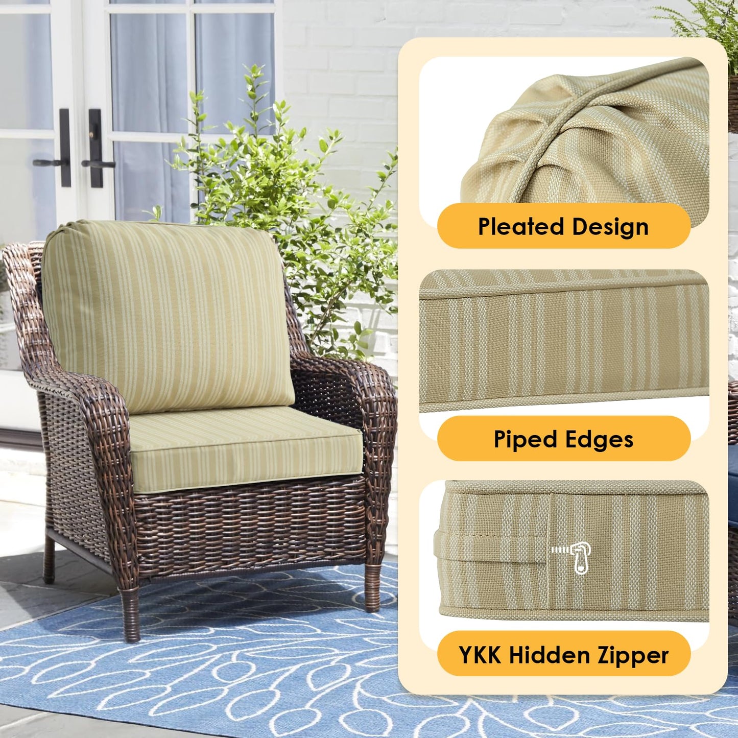 Supdurplus Outdoor Cushions for Patio Furniture Set of 2, 24"x24" Water Repellent Chair Cushions Removable Seat Bottom & Back Cushion Covers for Chair, Sofa, Couch, Beige Brown Stripe