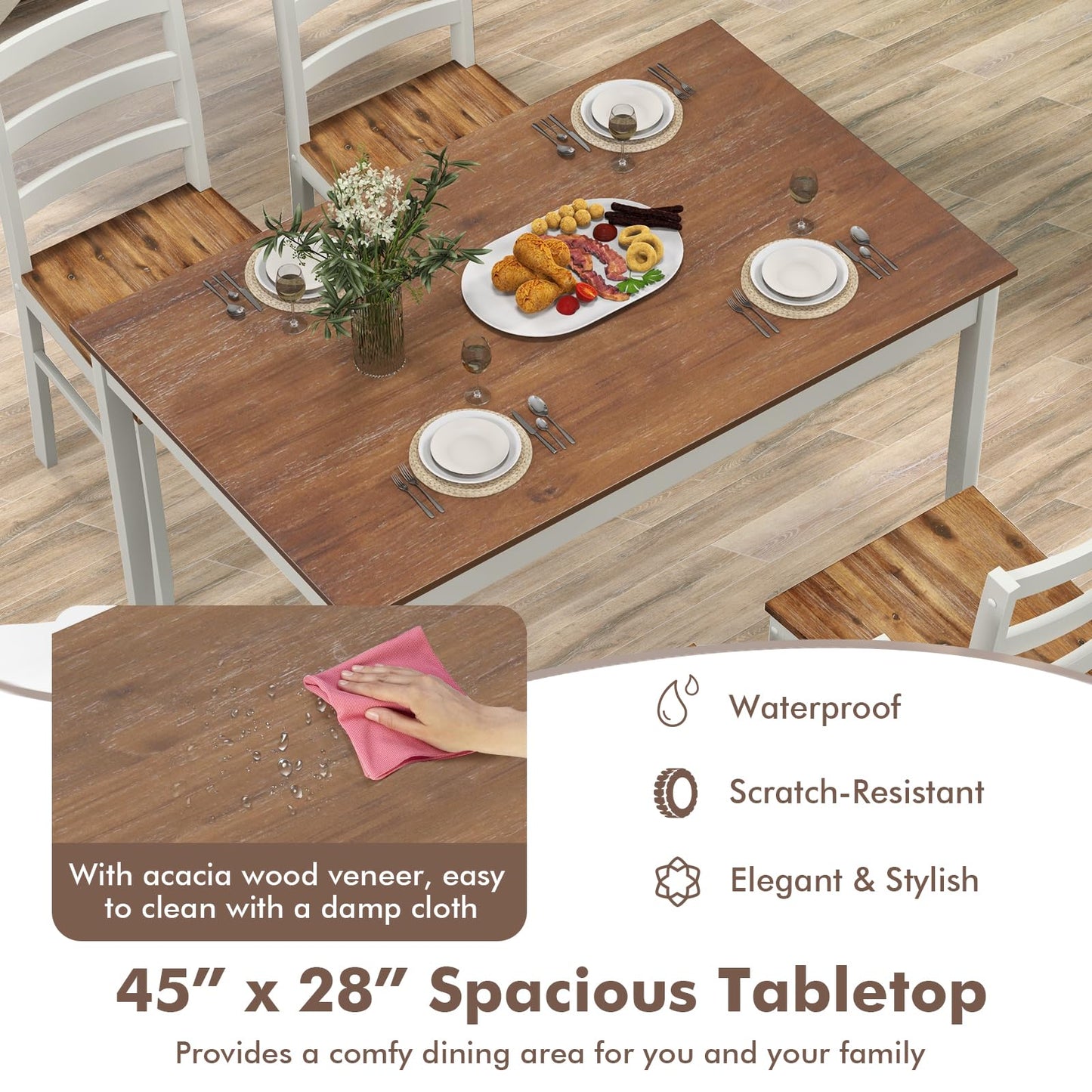 Giantex 5-Piece Dining Set for 4, Solid Wood Rectangular Table & 4 Chairs wtih Rubber Wood Legs, Kitchen Table and Chairs Set for Small Spaces Dinette Dining Room Restaurant (Rustic Brown)