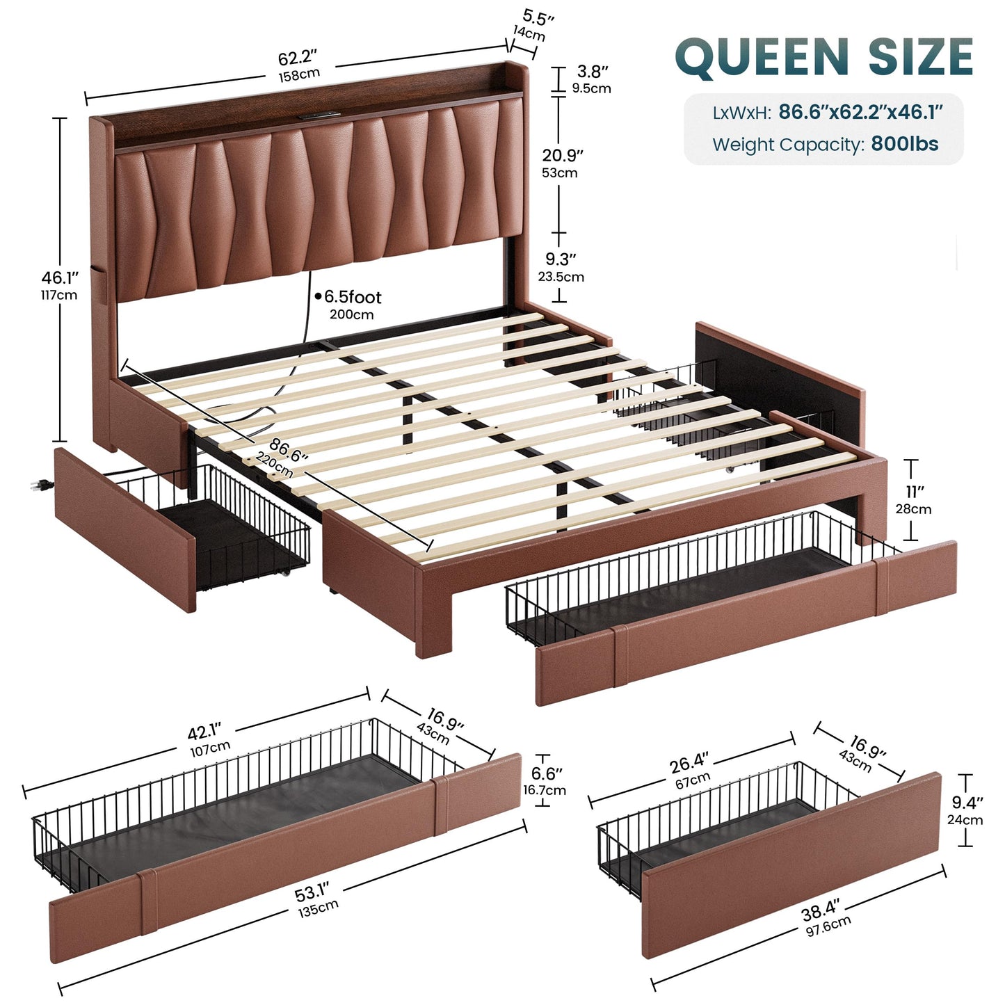ANCTOR Queen Bed Frame with 3 Drawers, Storage Headbord with Charging Station, Platform Storage Bed Frame for Bedroom, Living Room, No Box Spring, Faux Leather, Brown