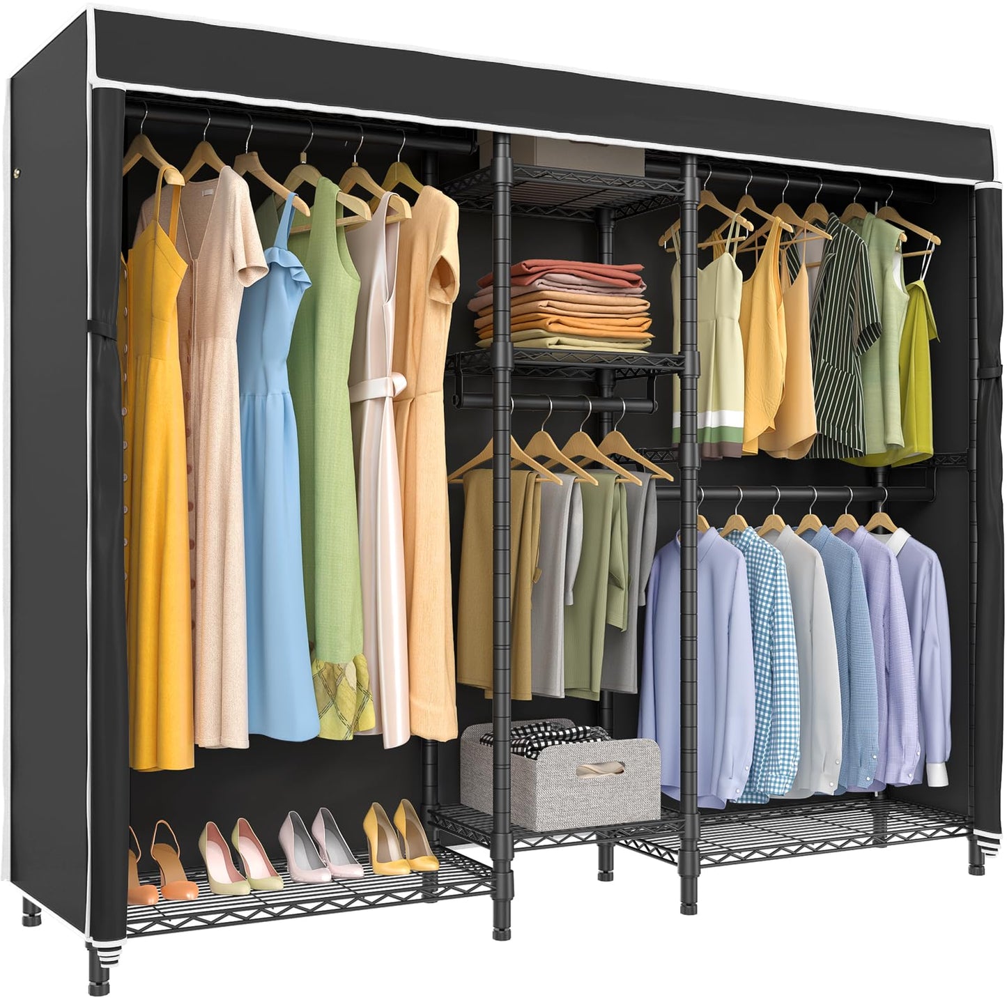 VIPEK V6C Heavy Duty 5 Tiers Wire Garment Rack Large Size Wardrobe Closet Black Metal Clothing Rack with Black Oxford Fabric Cover, 75.6" L x 18.5" W x 76.4" H, Max Load 780 LBS