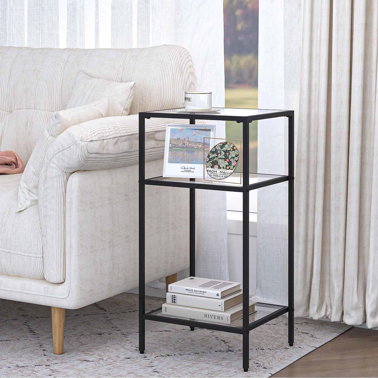 Homhedy 3-Tier Side Tables Set of 2, End Tables with Tempered Glass, Nightstands with Storage Shelves, Slim Sofa Tables for Living Room, Bedroom (2, Black)