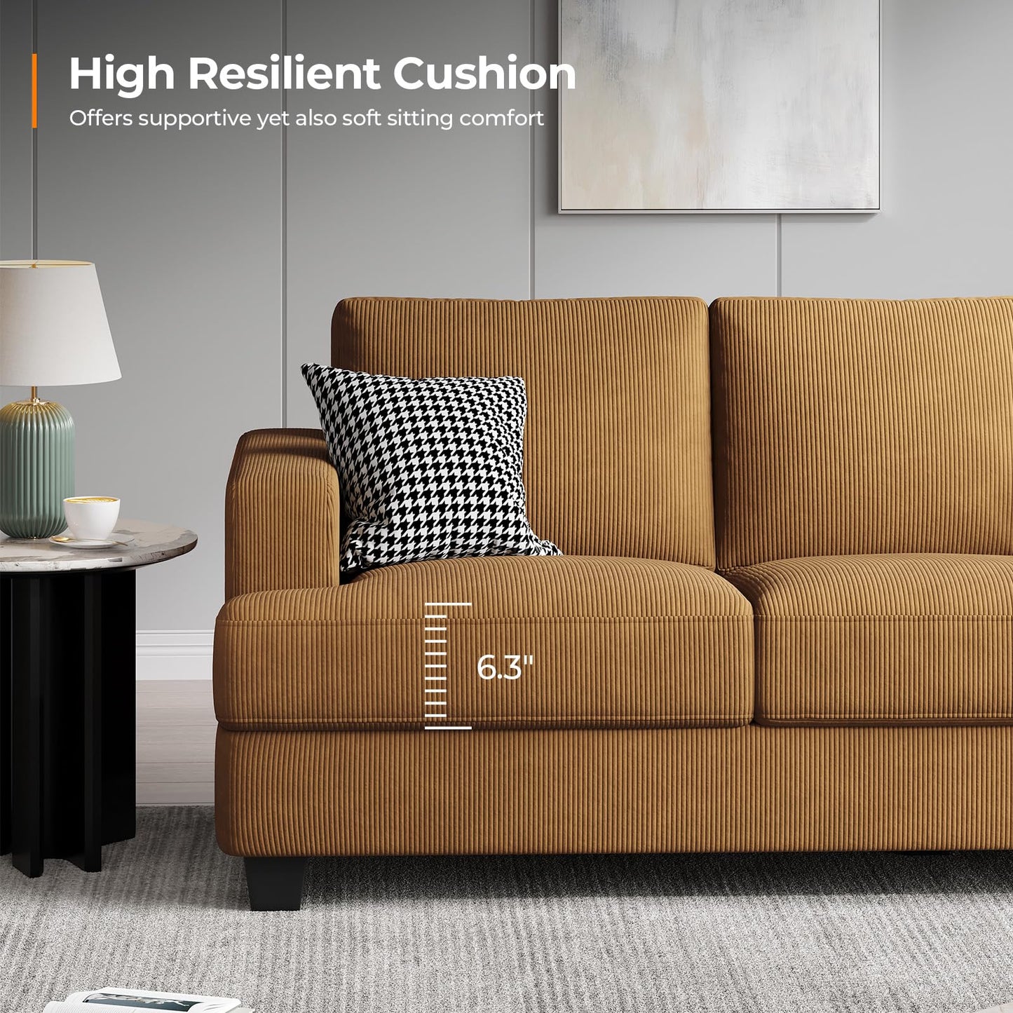 COPIAE 89 Inch Sofa with Extra Deep Seats Oversize, Corduroy Fabric 3 Seater Sofa for Living Room, Modern Couch and Sofa, Comfy Armrests and Seats and Backrests, Easy Installation, Ginger Yellow