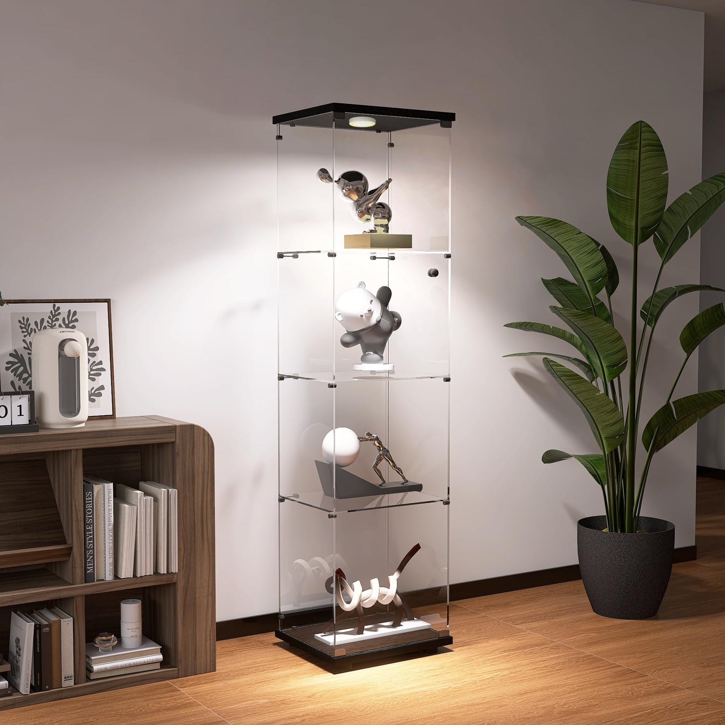 Zacis Glass Display Cabinet with Lights and Lock, 4-Tier Display Case Curio Cabinet with Glass Door, Floor Standing Showcase for Living Room Bedroom Home Office 16.7" W x 14.3" D x 64.5" H