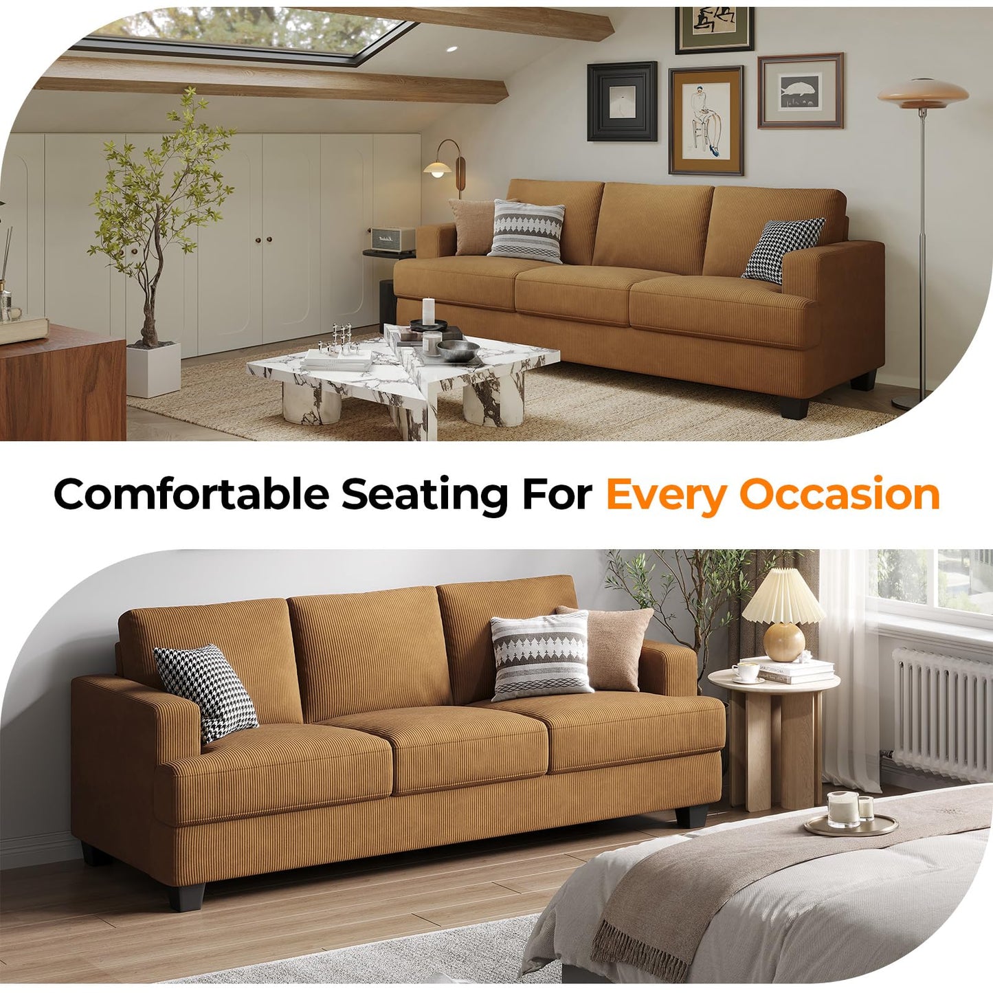 COPIAE 89 Inch Sofa with Extra Deep Seats Oversize, Corduroy Fabric 3 Seater Sofa for Living Room, Modern Couch and Sofa, Comfy Armrests and Seats and Backrests, Easy Installation, Ginger Yellow