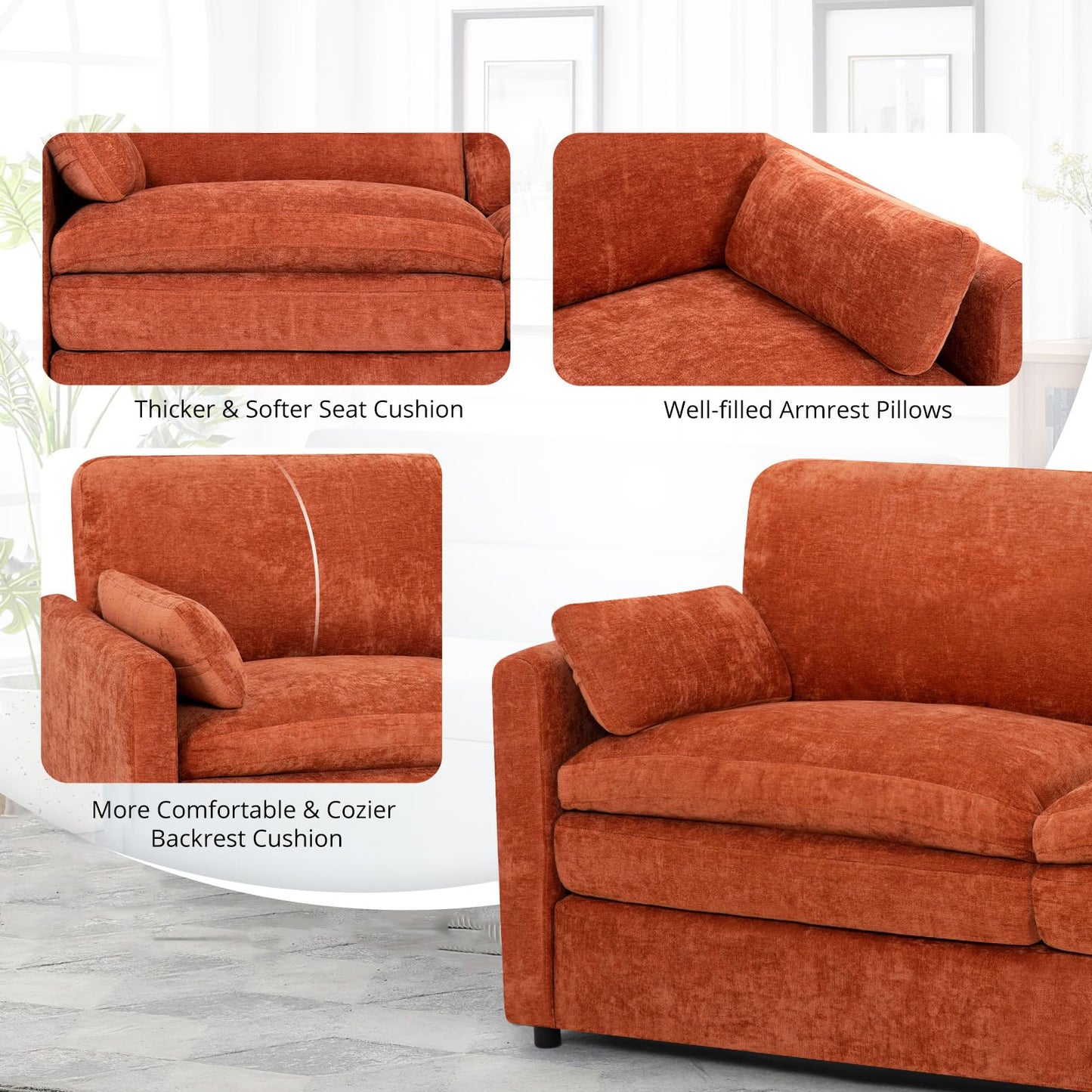 Lesofair 69" Chenille Modern Couch with Cozy & Soft Backrests, 2 Seats Sofa with 2 Extra Pillows, Comfy Upholstered Sofa with Thicker Cushions for Living Room, Office, Orange