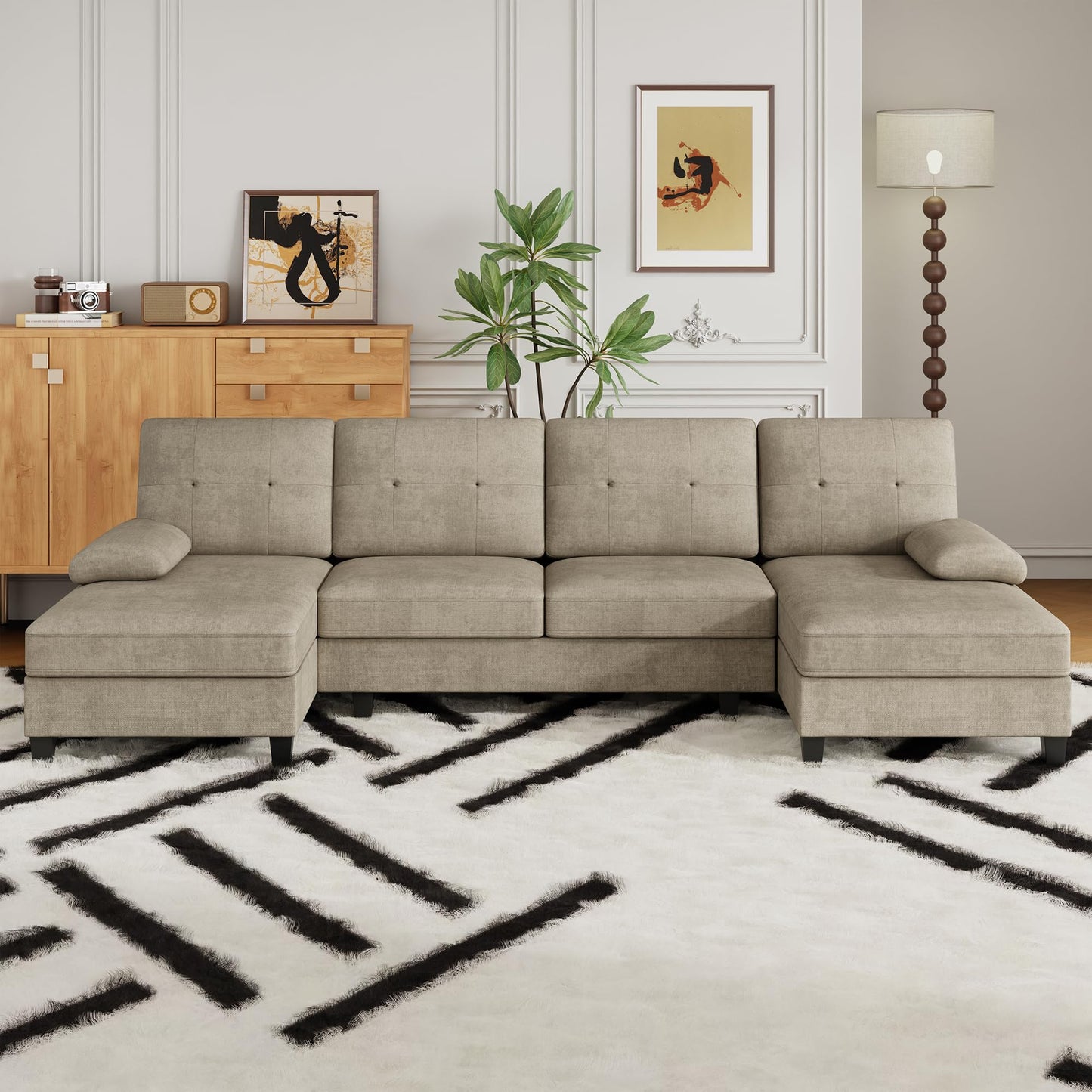 JAMFLY 106" U-Shaped Modern Sofa Modular Sectional Cloud Couch with Chaise, 4-Seat Deep Seat Sofa for Living Room, Bedroom and Apartment, Khaki