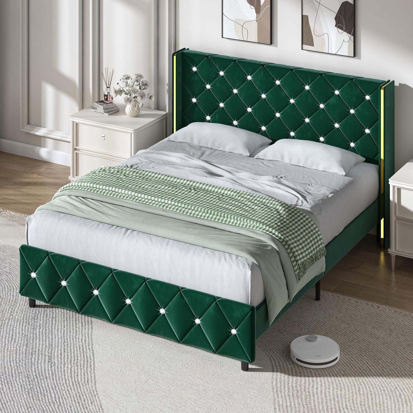 HOMBCK Queen Size Bed Frame with Headboard, Velvet Upholstered Platform Bed Frame Queen with Wingback and Diamond Headboard, Wood Slat Support, No Box Spring Needed, Easy Assembly, Green