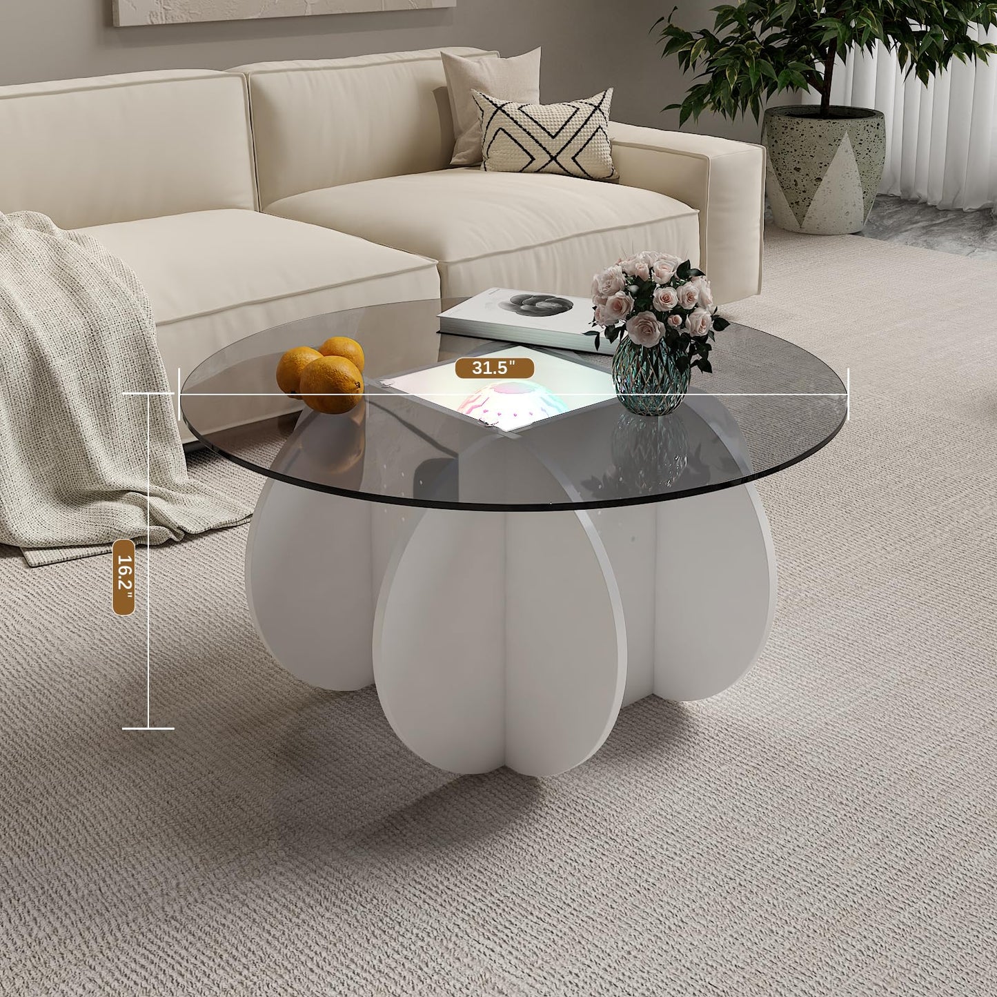 HedoAjim Round LED Coffee Table with Glass Top,Center Table with Storage for Living Room,Small Spaces, Office, and Lounge,32" White and Grey Glass Coffee Table with Smart Music Lamp