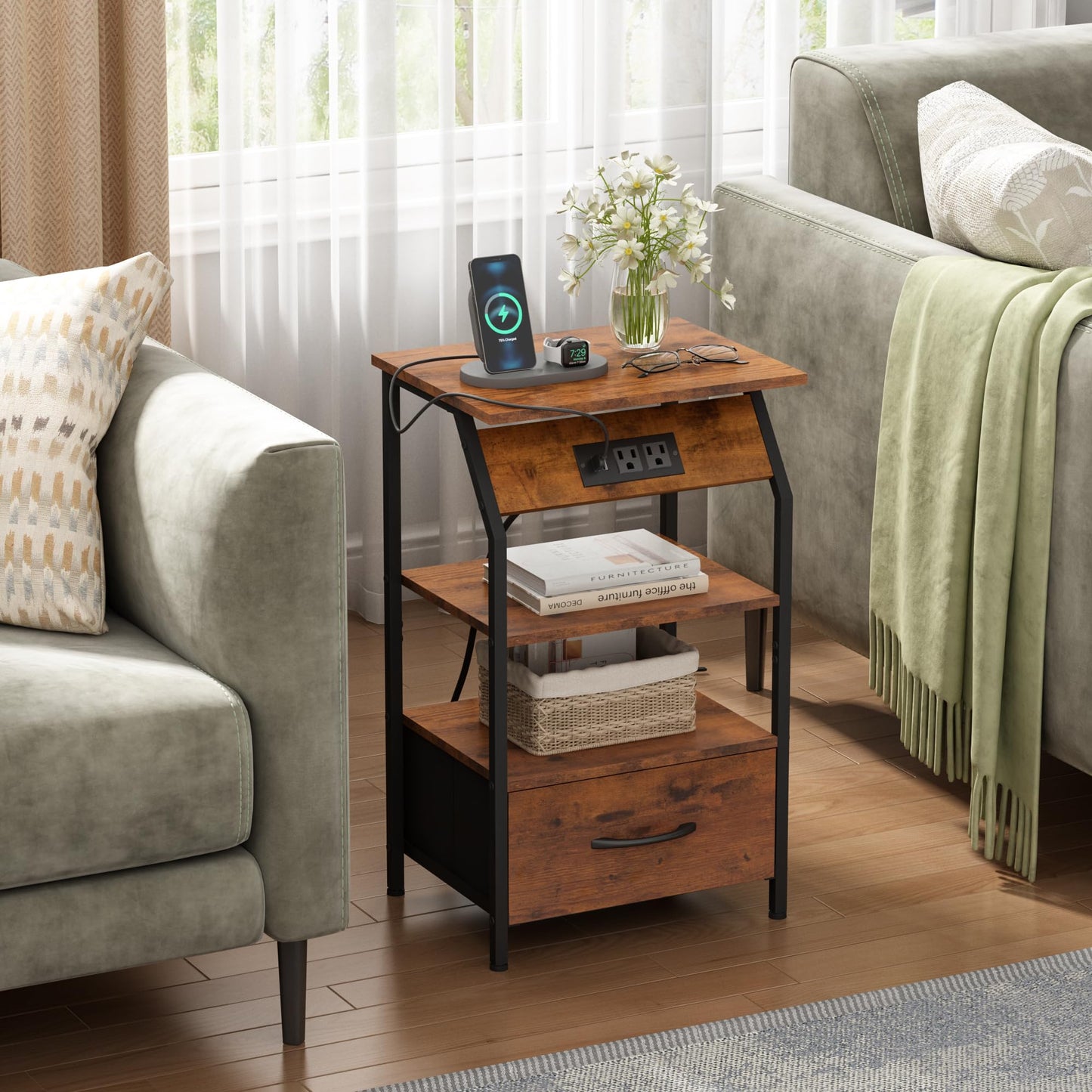 JAXPETY Nightstands Set of 2, Night Stand with Drawer Shelf and Charging Station, Storage End Table, Bedside Table for Bedroom Living Room Sofa, Rustic Brown