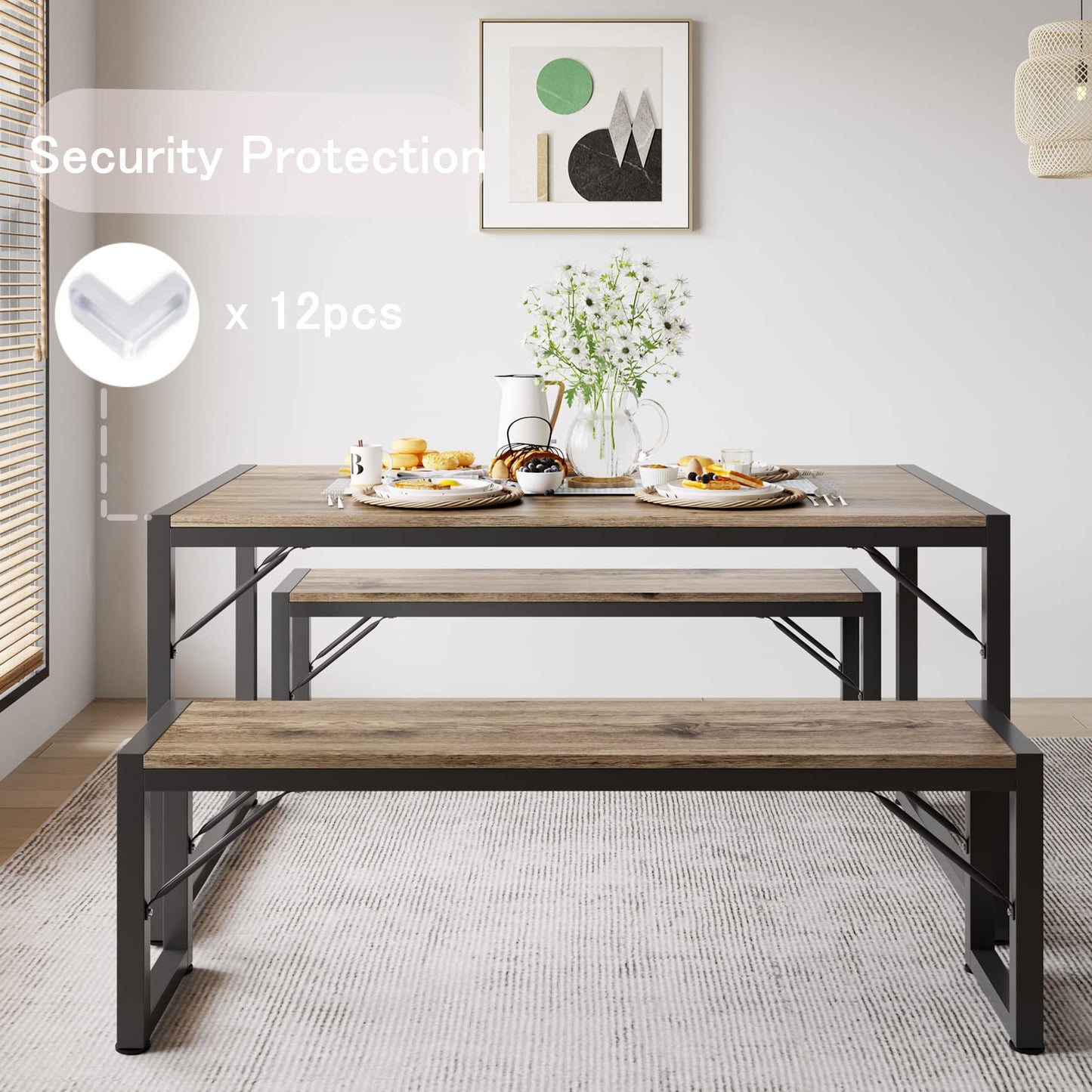 Gizoon 45.5" Dining Table Set for 4 with 2 Benches, Kitchen Table Set with Metal Frame & MDF Board, Space-Saving Dinette for Kitchen, Dining Room -Grey