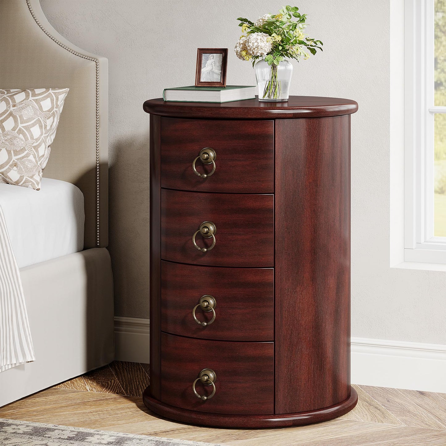Tribesigns Solid Wood Nightstand, Round Night Stand with 4 Drawers, Rustic Bedside Table Tall Nightstand for Bedroom, Living Room, No Assembly Required (1)