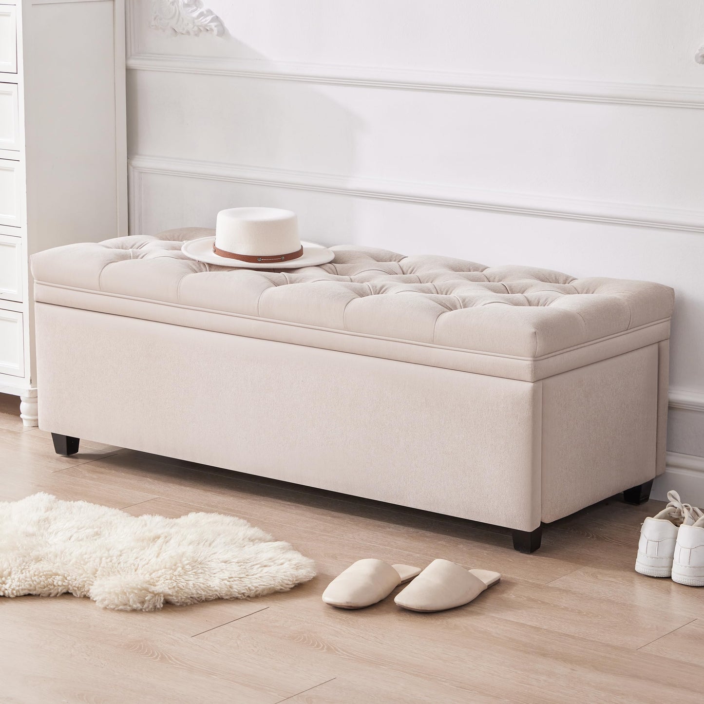 Mangodan 50" Storage Ottoman Bench, Tufted Ottoman with Storage Bench for Living Room, Large End of Bed Bench Ottomans, Modern Entryway Benches, Window & Bedroom Benches for Foot of Bed, Beige