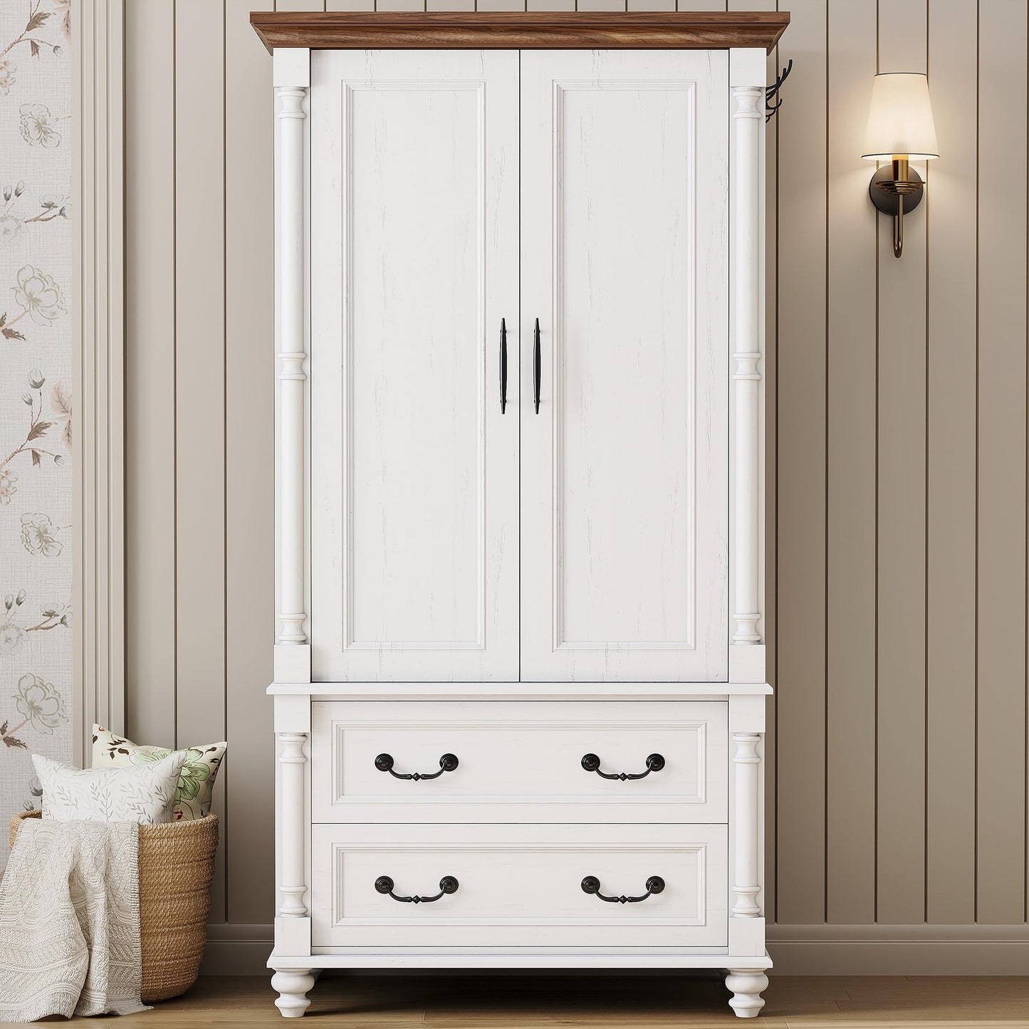 LIKIMIO Farmhouse Armoire Wardrobe Closet with 2 Doors and 2 Drawers, 70" H x 36" W, Large Bedroom Armoire with Roman Column and 3 Hanging Hooks, Wooden Freestanding Closet Cabinet, White