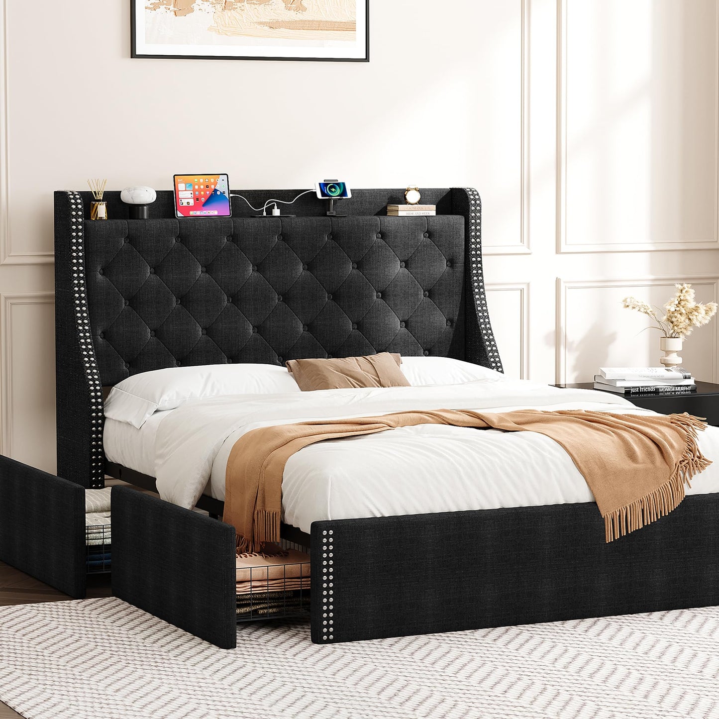 Reljofum Upholstered Queen Bed Frame with 4 Storage Drawers，Wingback Headboard with Charging Station, Diamond Stitched Button Tufted Design, No Box Spring Needed, Black