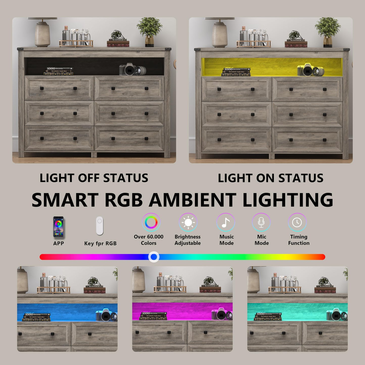 Dresser for Bedroom with 6 Drawers, Wide Chest of Drawers with LED Light and Power Outlet, Wooden Closet Organizer Clothes Storage Cabinet, Modern Double Dressers for Living Room, Hallway, Grey