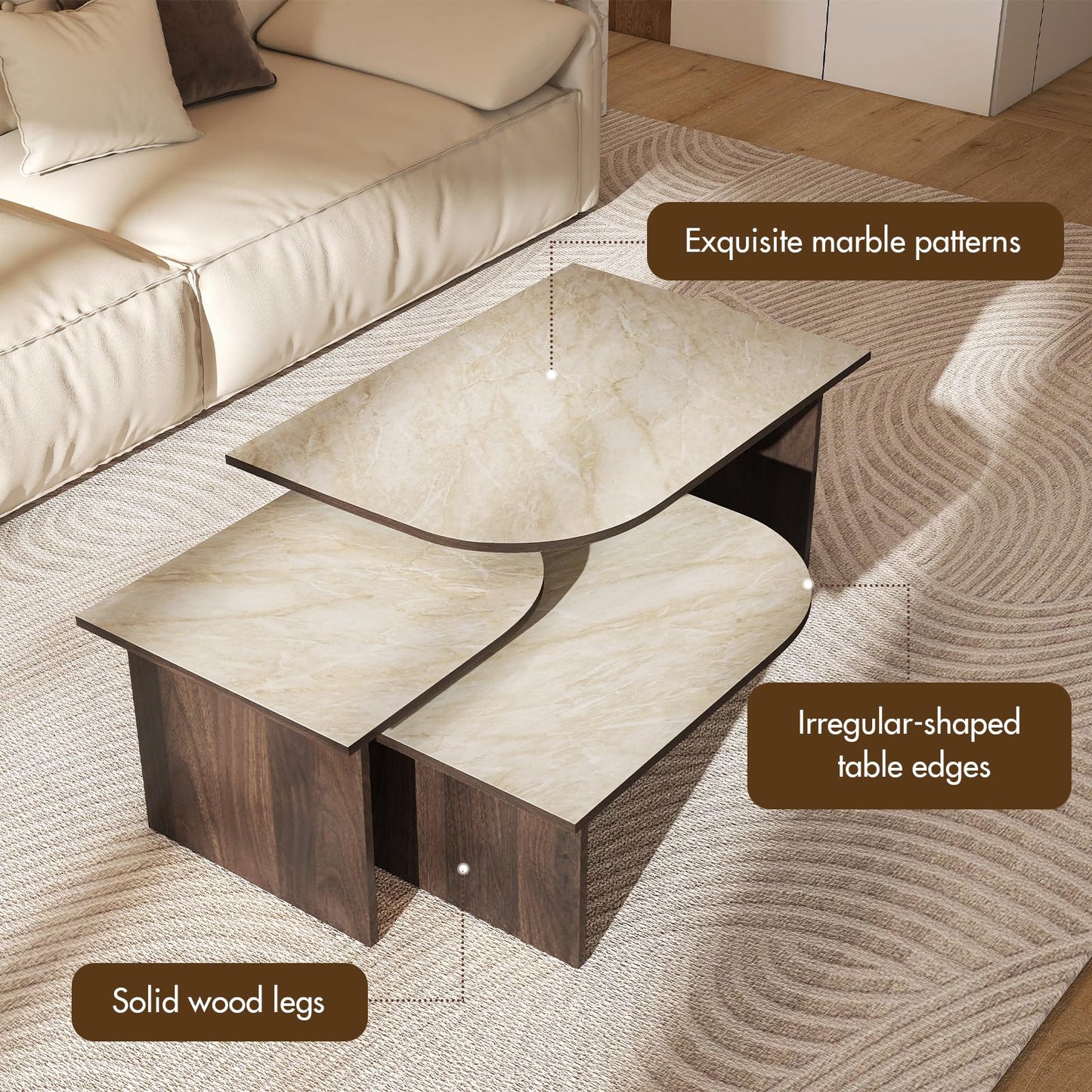 ChicAura Mid Century Modern Coffee Table Set of 3, Nesting Coffee Table with Marble Pattern Tabletop and Solid Wood Legs, Wood Side Tables for Living Room, Walnut