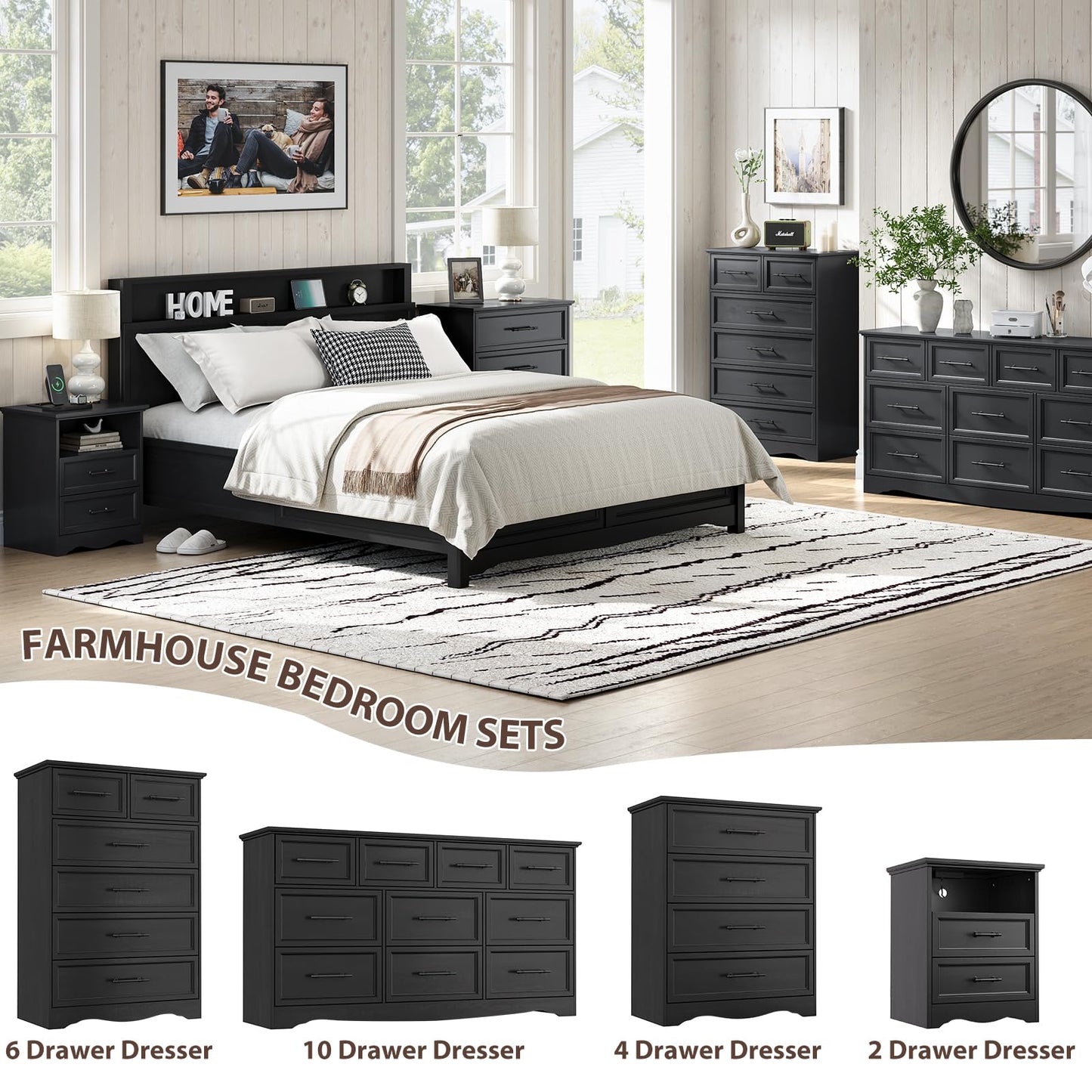 Black Nightstand with Charging Station, Farmhouse End Table with 2 Drawers, Bedside Table with Space-Saving Storage Cabinet, Unique Base Design for Bedroom & Living Room