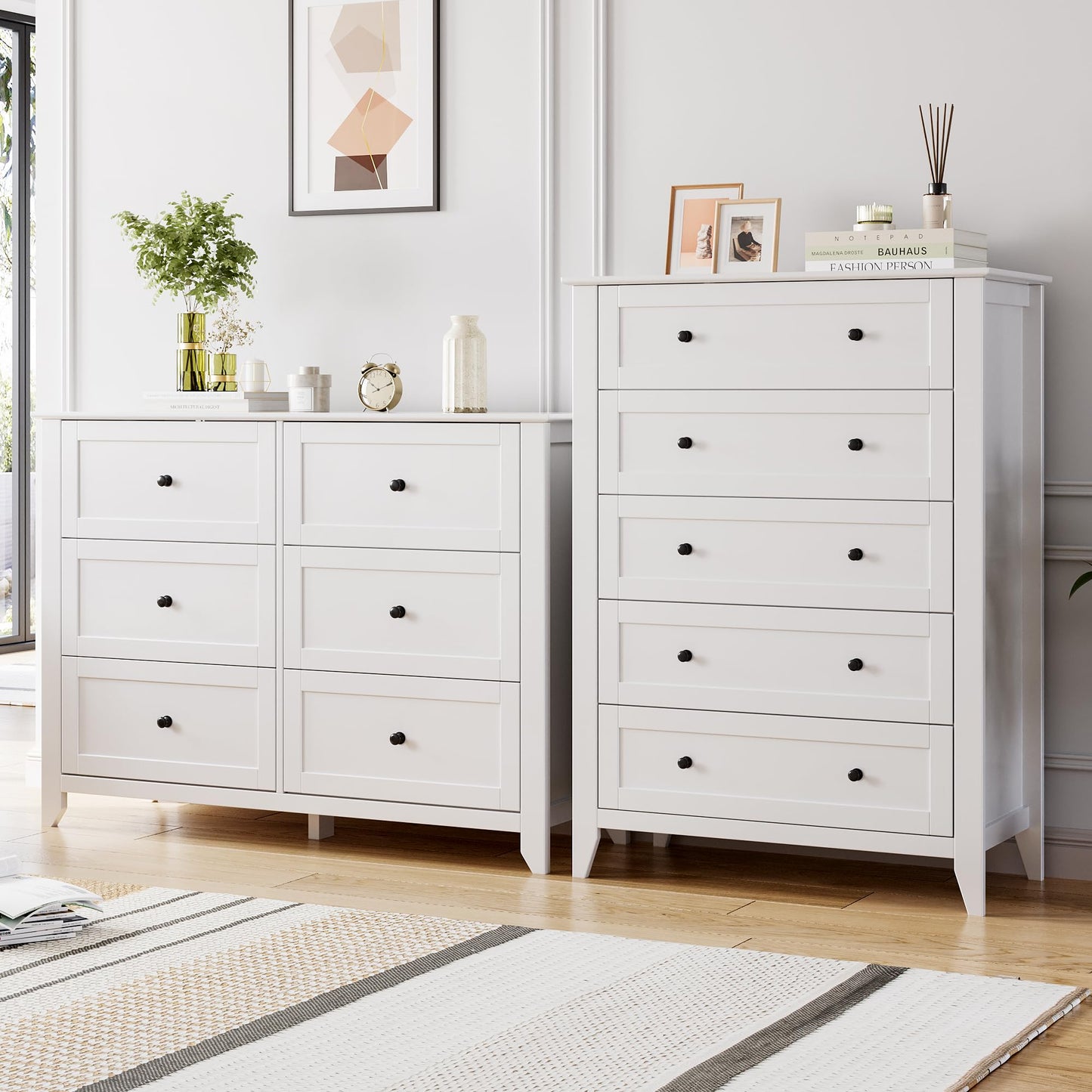 GarveeHome White Drawer Dresser for Bedroom, 5 Chest of Drawers, Modern Wood Tall Dresser Cabinet, Organizer Drawers for Closet, Living Room, Hallway, Entryway