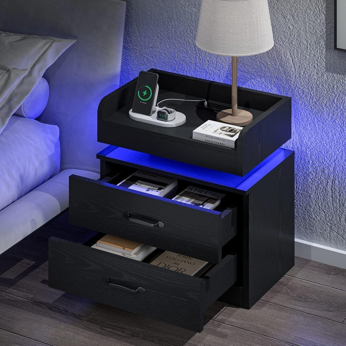 Nightstand with Charging Station, Night Stand with LED Lights, Modern Led End Table, Nightstands Set of 2, Night Stand with 2 Drawers, Bed Side Table with Storage for Living Room, Bedroom (2, Black)