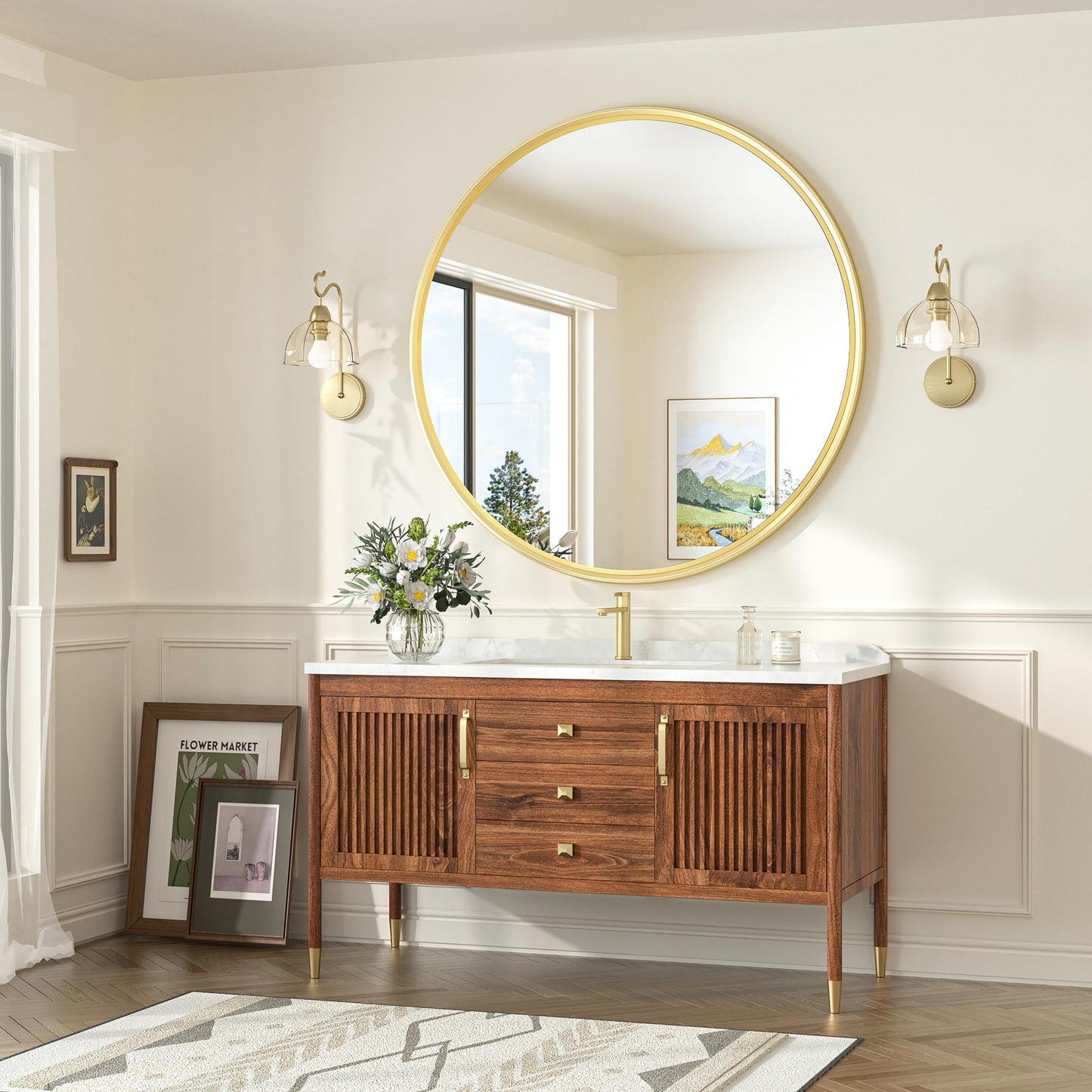 TokeShimi 40 in Brushed Gold Round Wall Mirror Tempered, Framed Mirror Shatterproof, 40x40 Bathroom Vanity Mirrored Circle Farmhouse Metal Wall Mirror for Entryway, Bedroom, Restroom, Living Room