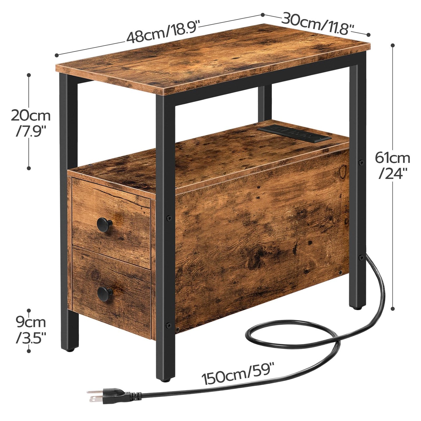 HOOBRO End Table with Charging Station, Narrow Side Table with 2 Drawer & USB Ports & Power Outlets, Nightstand for Small Spaces, for Living Room, Bedroom, Rustic Brown and Black BF541BZ01