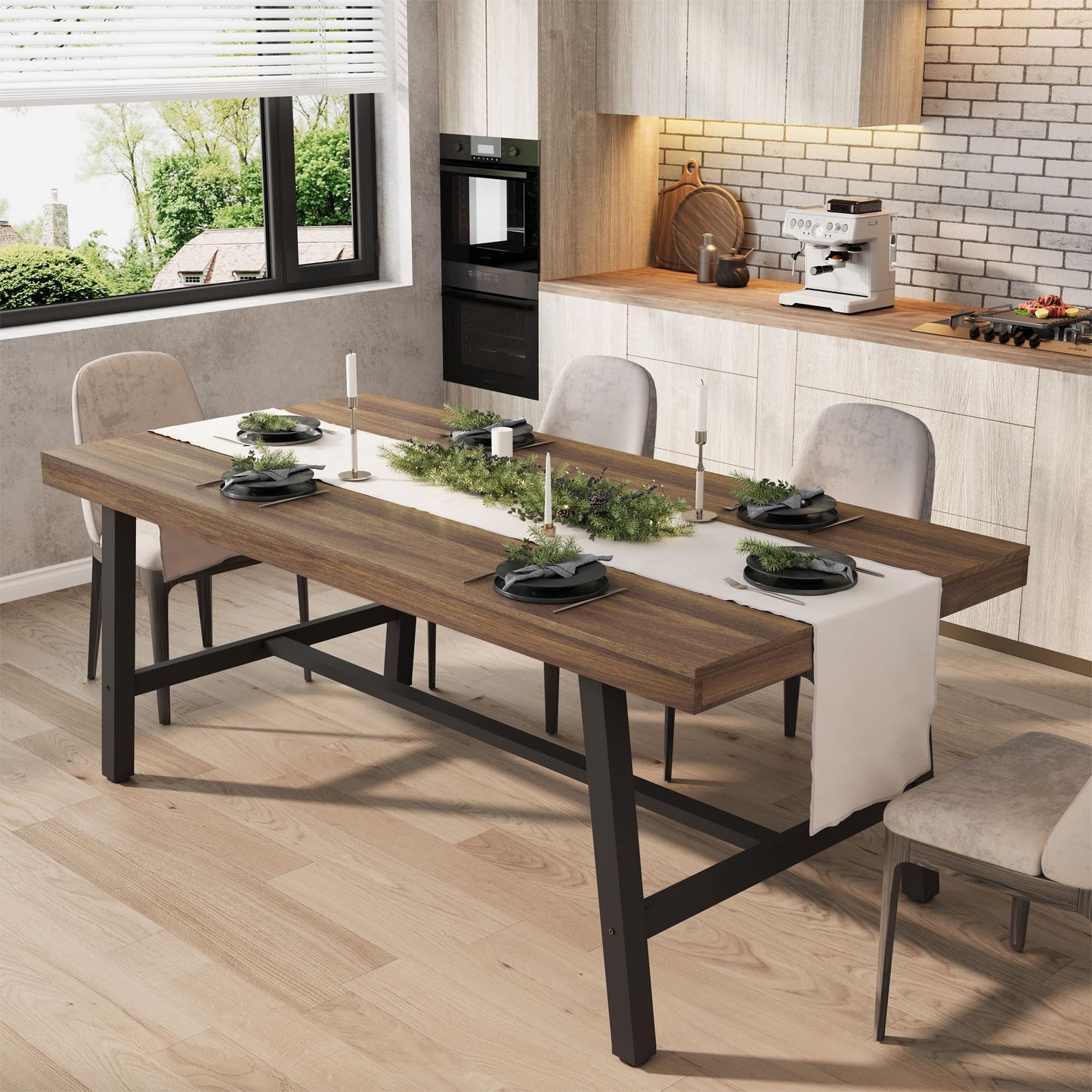 GarveeHome Industrial Dining Table for 6-8 People, 70.87" Long Wooden Kitchen Table with Sturdy Metal Frame & Rustic Brown Finish (Brown, 70.87" Long)