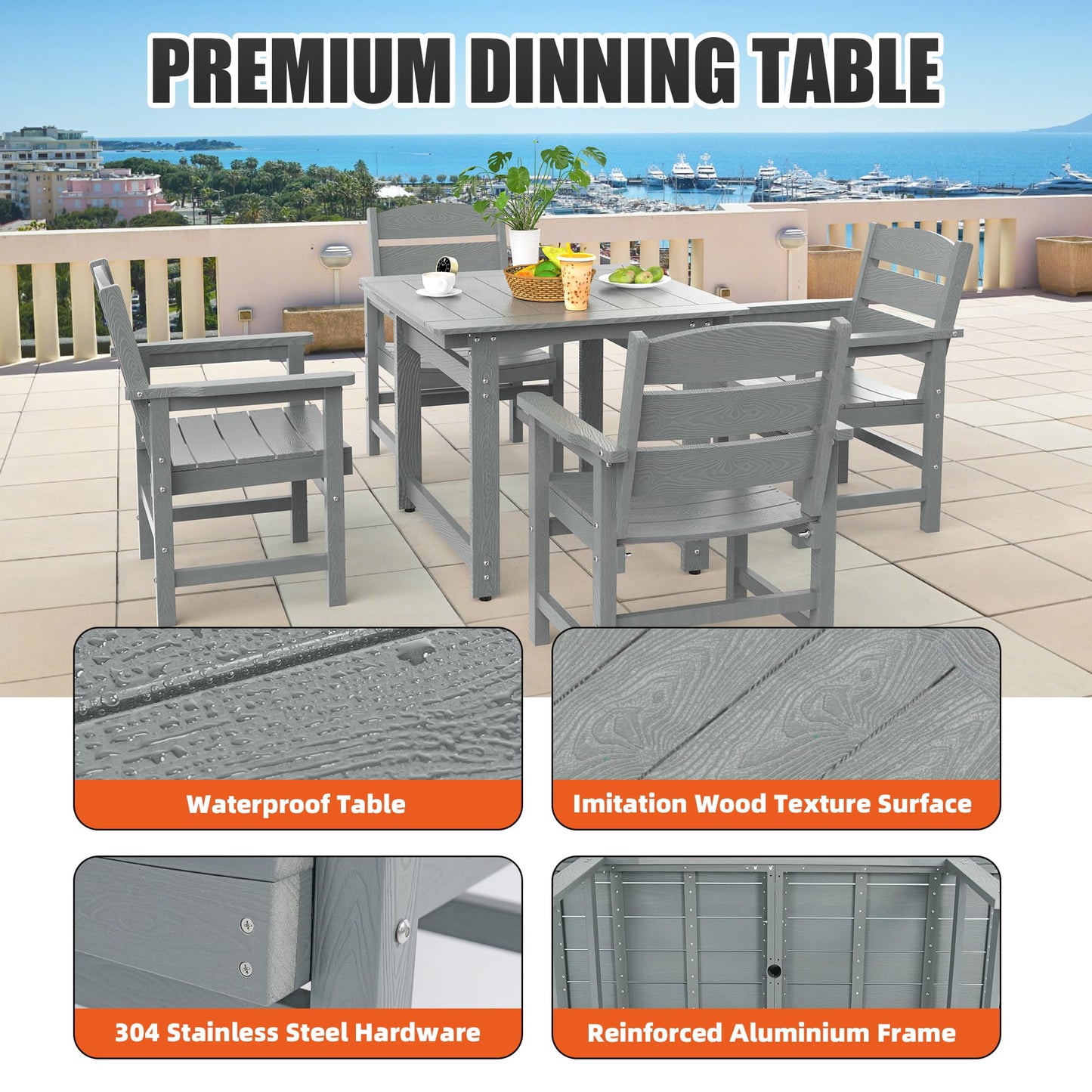 Sunnibety 5-Piece HIPS Patio Dining Set, Outdoor Dining Table and Chairs Set with Umbrella Hole, Weatherproof Dining Table Set for 6 Person, Patio Furniture Set for Outside Deck, Grey