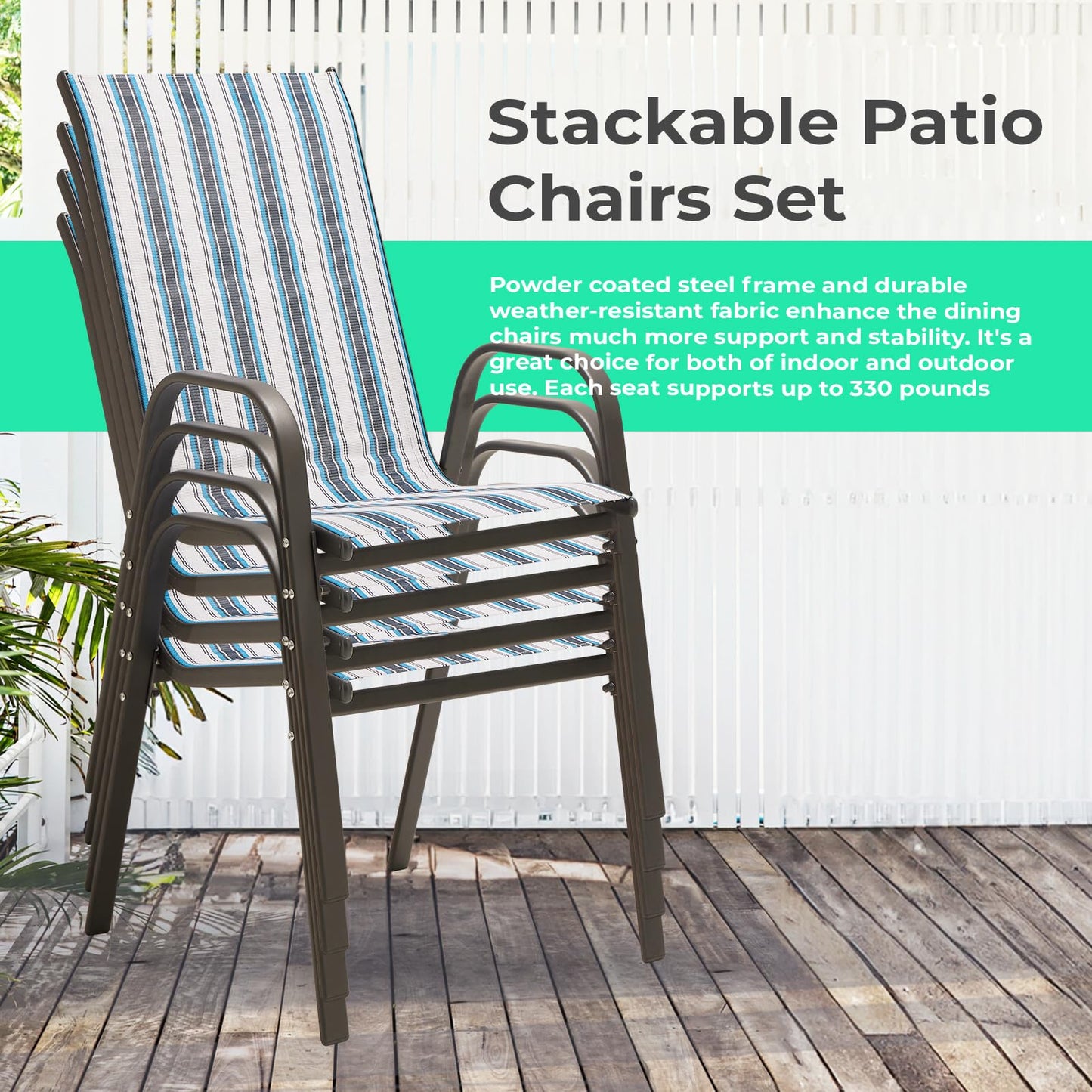 JEAREY Patio Dining Chairs Set of 4, Outdoor Stackable Dining Furniture Set, All Weather Dining Set for Lawn, Garden, Backyard, Poolside, Blue Striped