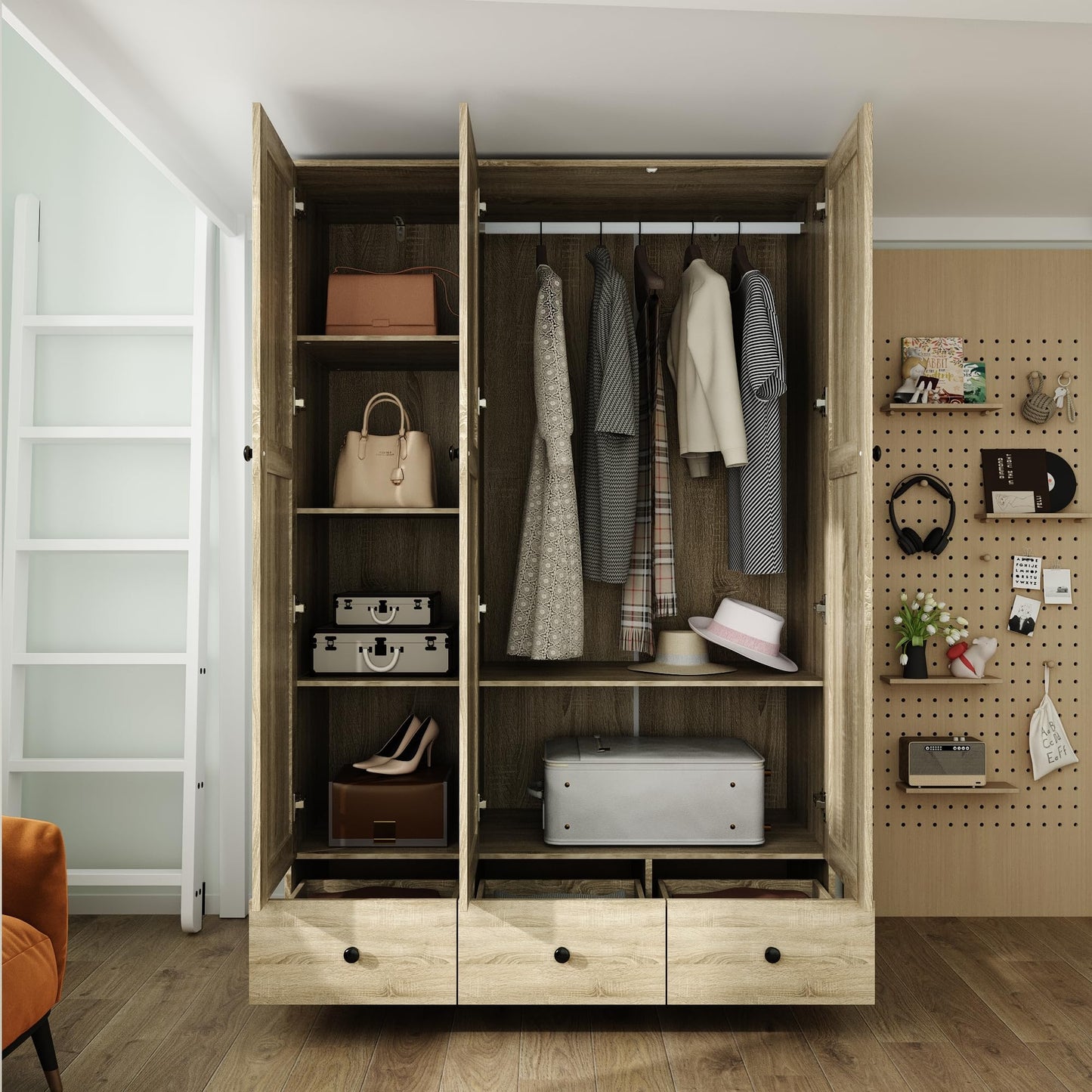 Hitow Ratten Wardrobe Armoire Closet, 3 Door Rattan Closet Wardrobe Cabinet with 3 Drawers & Hanging Rod, Storage Wardrobe Armoire Dresser for Bedroom Organizer (47.2" W x 18.9" D x 70.9" H)