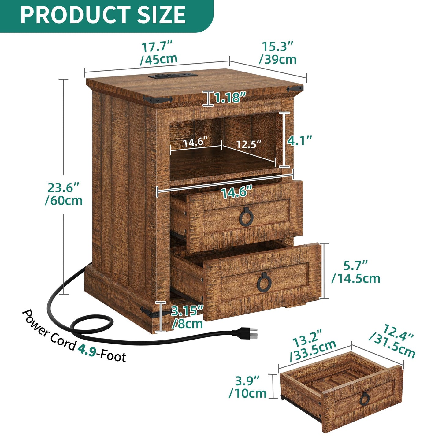 YITAHOME Nightstand Set of 2, Farmhouse Night Stand with Charging Station ＆ 2 Drawers for Bedroom, LED Lights, Heavy Duty End Table Side Table w/Open Shelf, Retro Brown