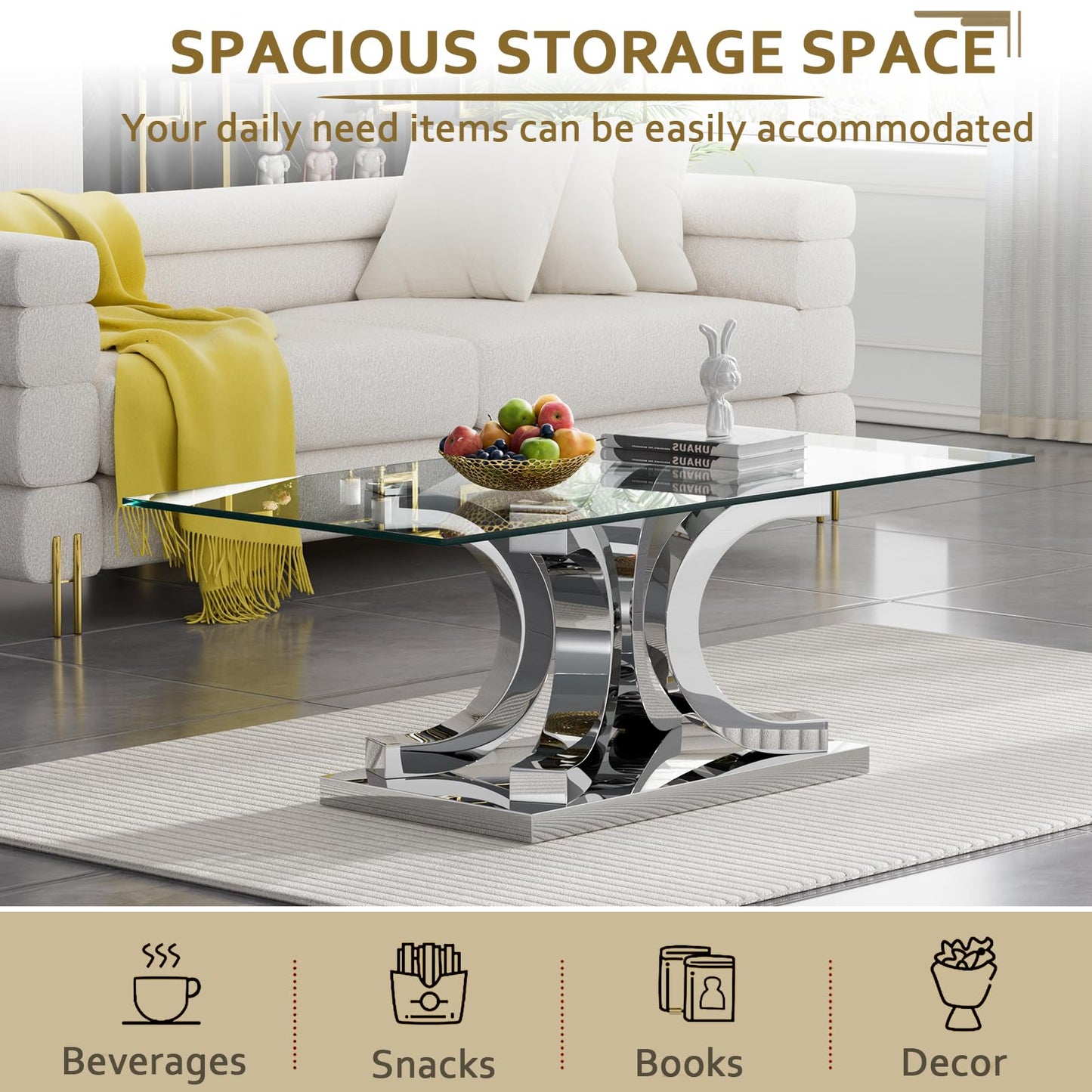 KUVADAZ 2 Pieces Living Room Table Set, Glass Coffee Table Set of 2, Modern Coffee Table and End Table with C-Shaped Stainless Steel Base for Living Room (Silver)