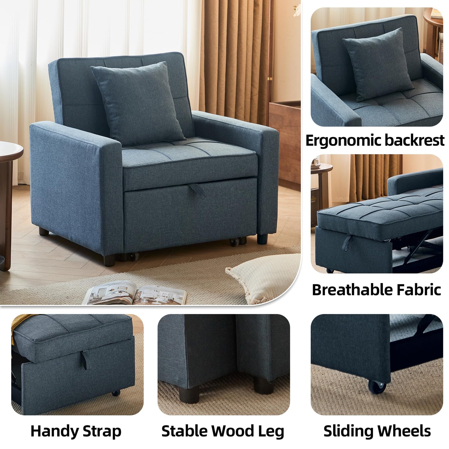 Yosonch Sofa Bed Chair Convertible ，Sleeper Sofa with Pull-Out Bed ，3-in-1 Futon Couch with Reclining Backrest and Side Pocket (Blue, 35.6‘)