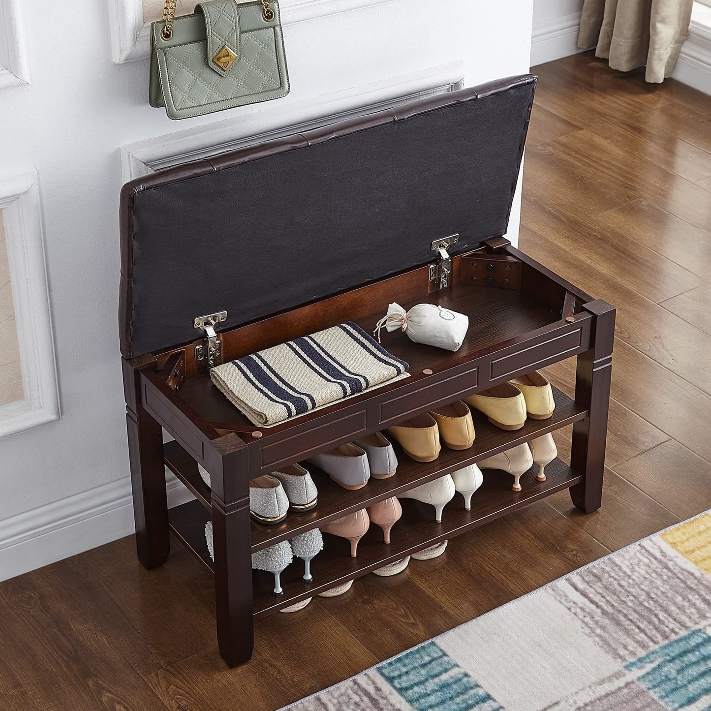 HOOTSMALL Shoe Storage Bench with Cushion, Entry Bench with Storage Solid Wood Shoe Bench Ideal for Entryway Living Room and Corridor (Brown, 31.5'')