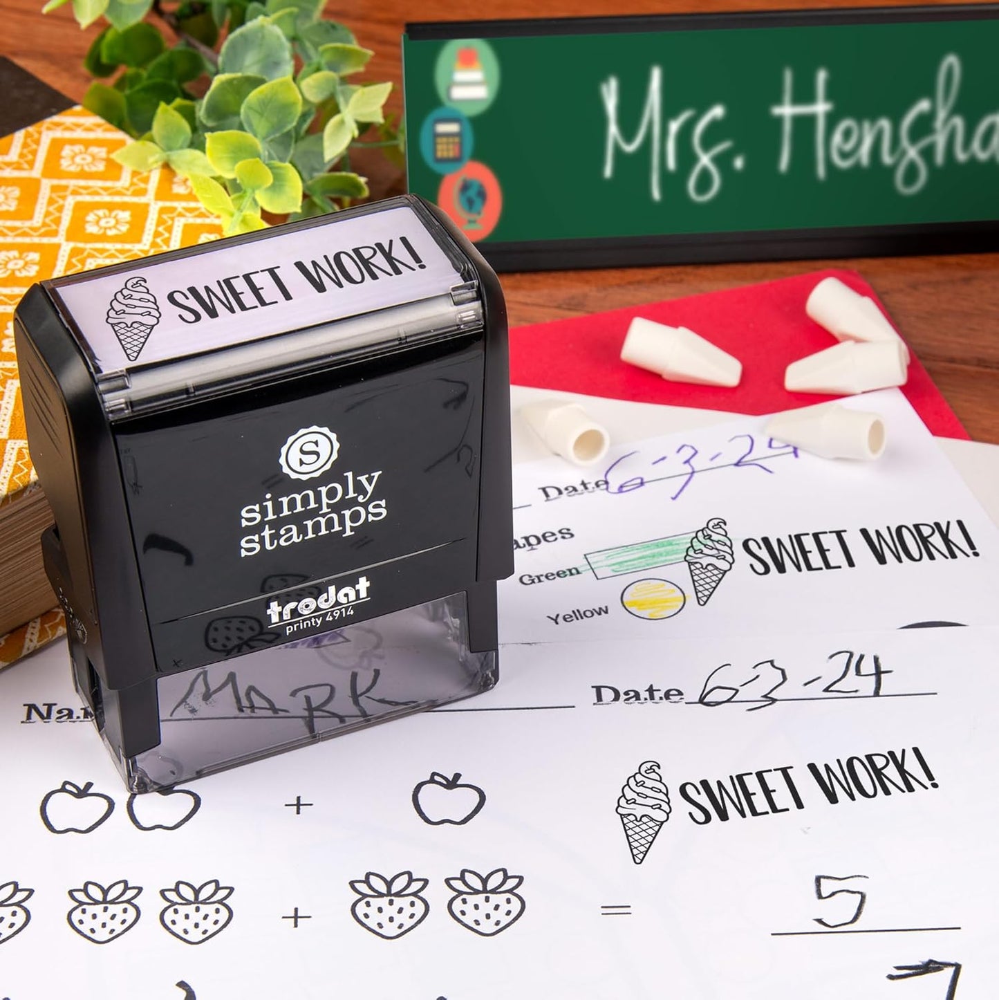 Custom Self-Inking Stamps | Large | 49 Designs | Fun Phrases | Grading Made Easy | Classroom & Library Book Stamps (Sweet Work!)