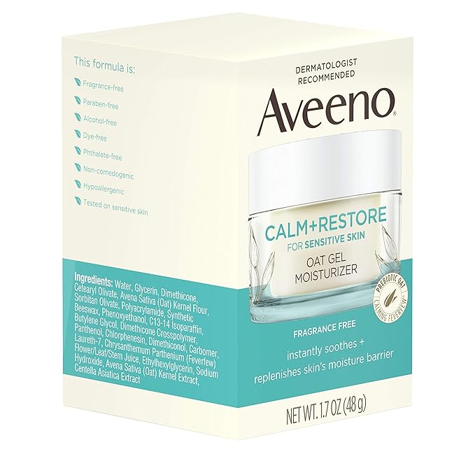 Aveeno Calm + Restore Oat Gel Facial Moisturizer for Sensitive Skin, Lightweight Gel Cream Face Moisturizer with Prebiotic Oat & Feverfew, Hypoallergenic, Fragrance- & Paraben-Free, 1.7 oz (Pack of 5)