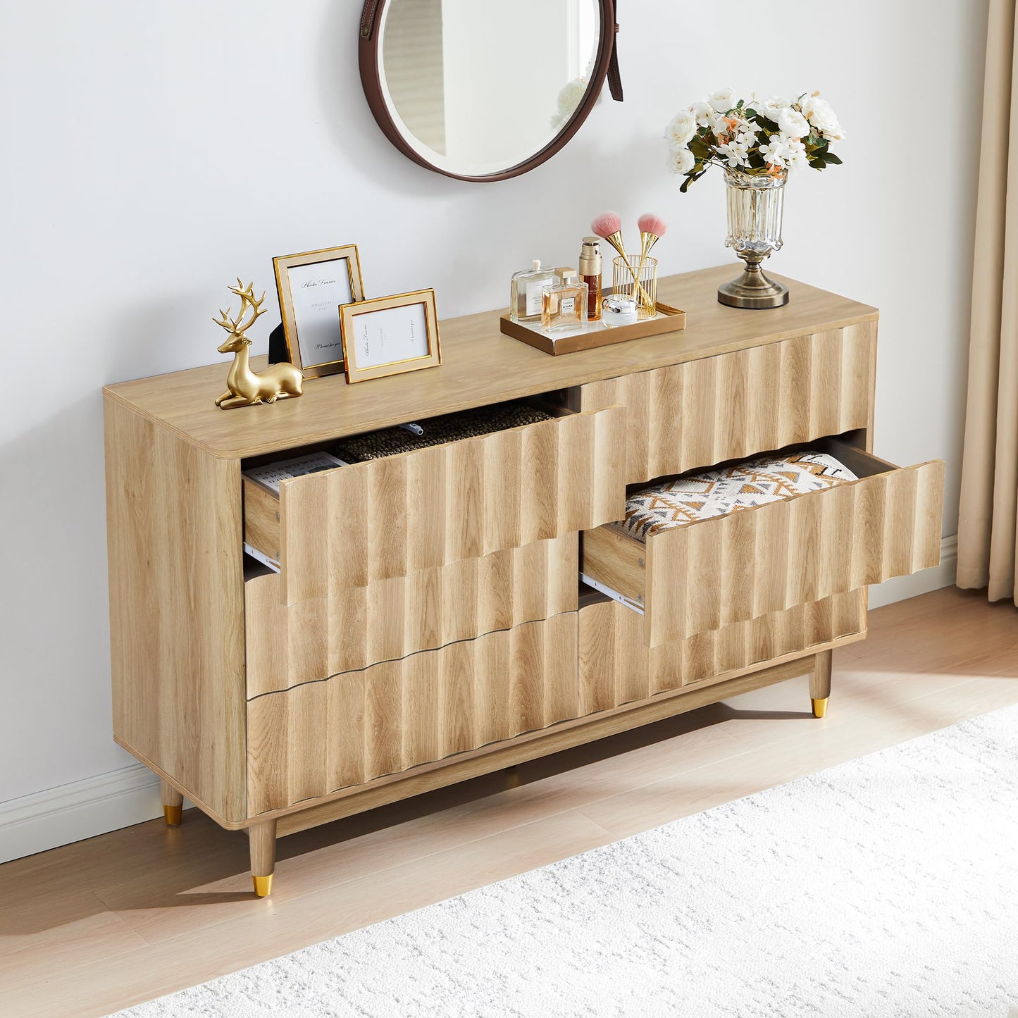 Caspellaire Fluted 6 Drawer Dresser, 53" Wide Modern Chest of Drawer, Dresser TV Stand,Wood Drawer Organizer for Bedroom, Living Room, Hallway