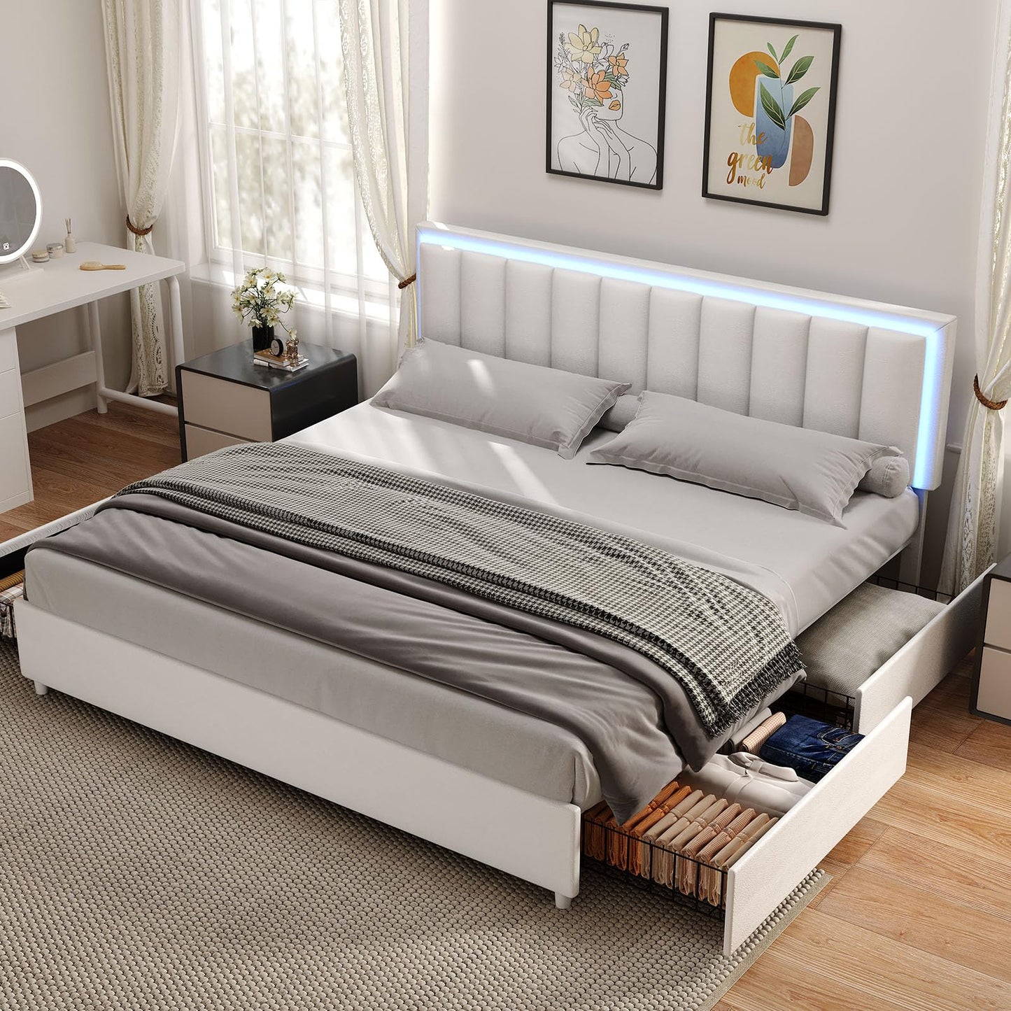 IMMERSTABLE King Bed Frames with 4 Drawers, Bed Frame King Size with LED Lights, Upholstered Bed Frame King Size and Headboard, No Box Spring Needed, Noise-Free, Easy Assembly, White