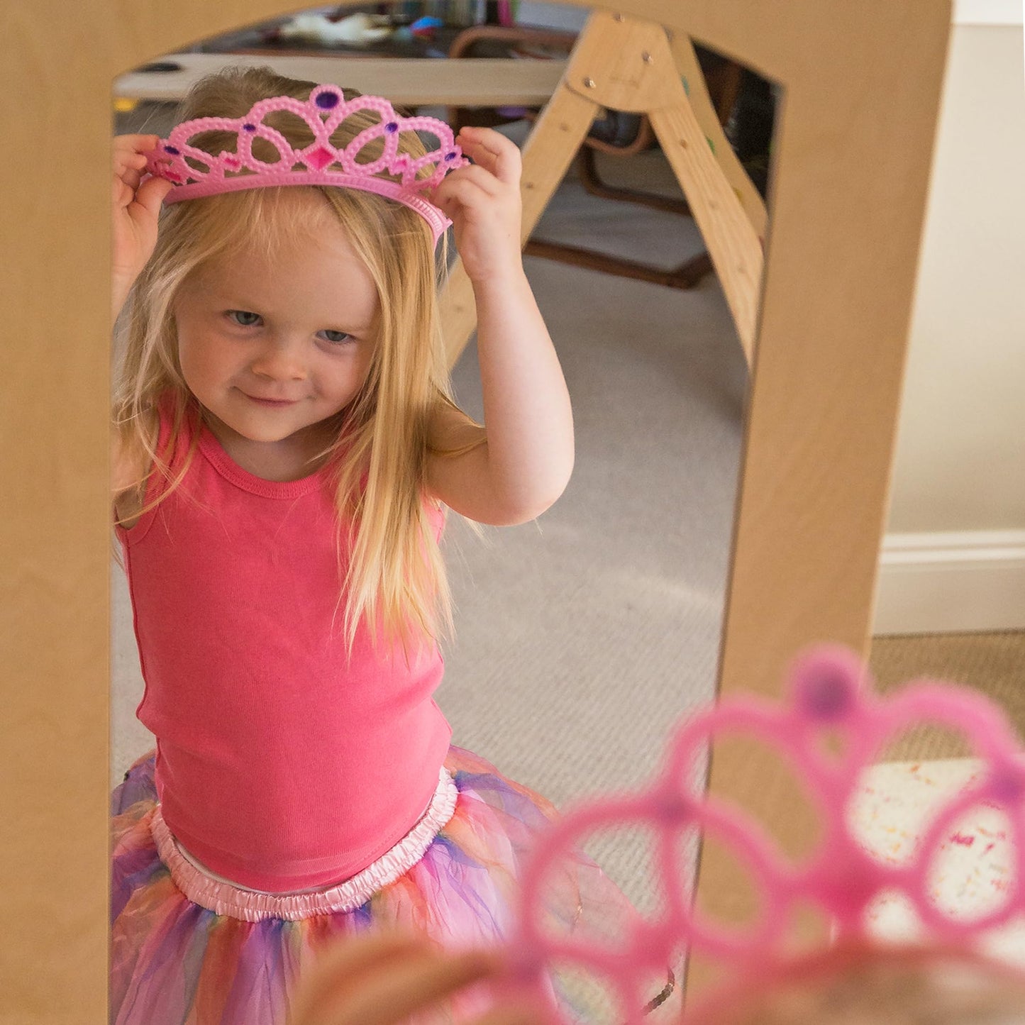Guidecraft See and Store Dress-up Center – Natural: Armoire for Kids with Mirror & Shelves, Clothes Rack and Shoe Storage Dresser with Bottom Tray - Toddlers Room Furniture