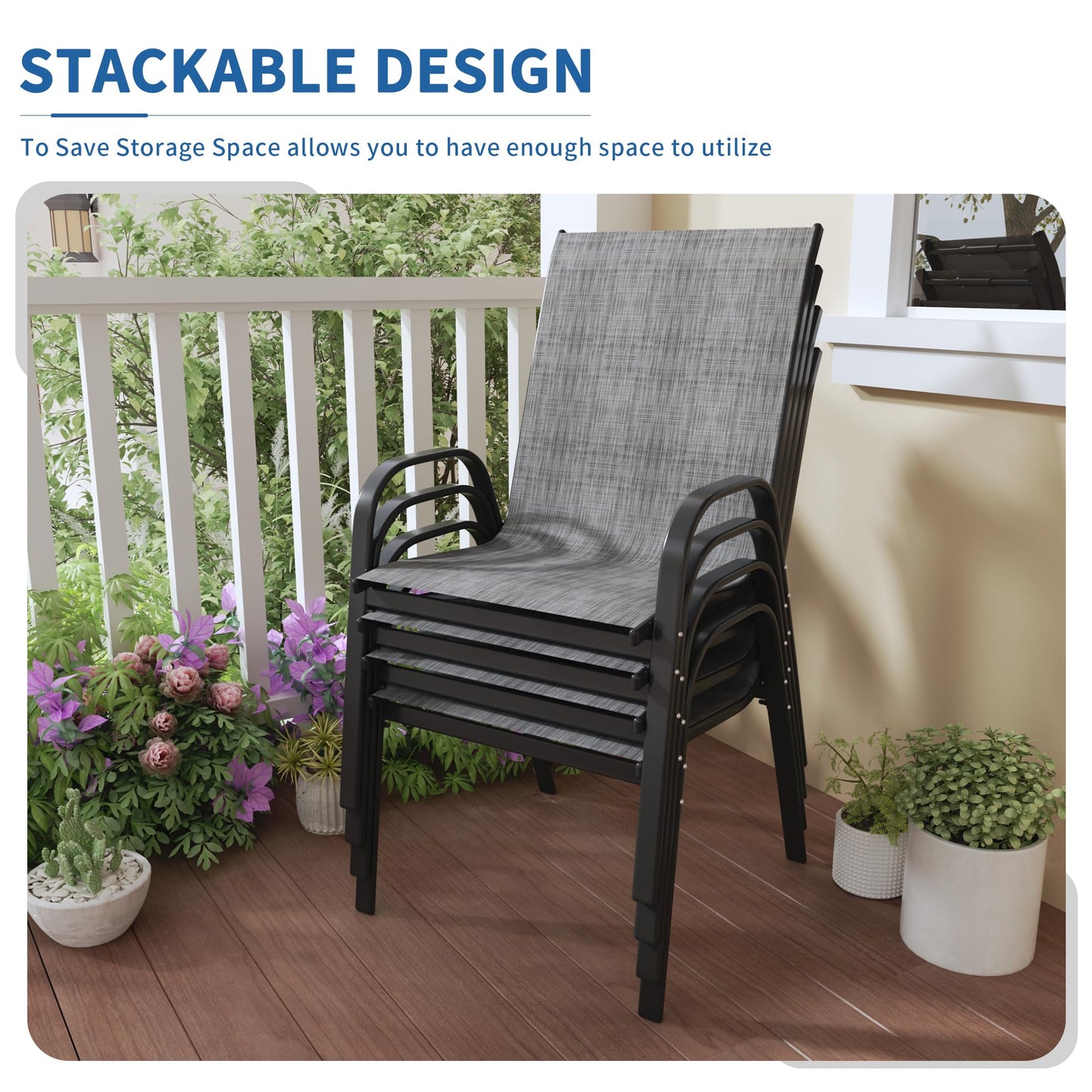 PIZZELLO Patio Chairs Set of 4, Outdoor Stackable Dining Chairs for All Weather, Lightweight Textilene Outdoor Chair Sets with Armrests, 300Lbs Capacity, for Backyard Porch Poolside Garden (Grey)