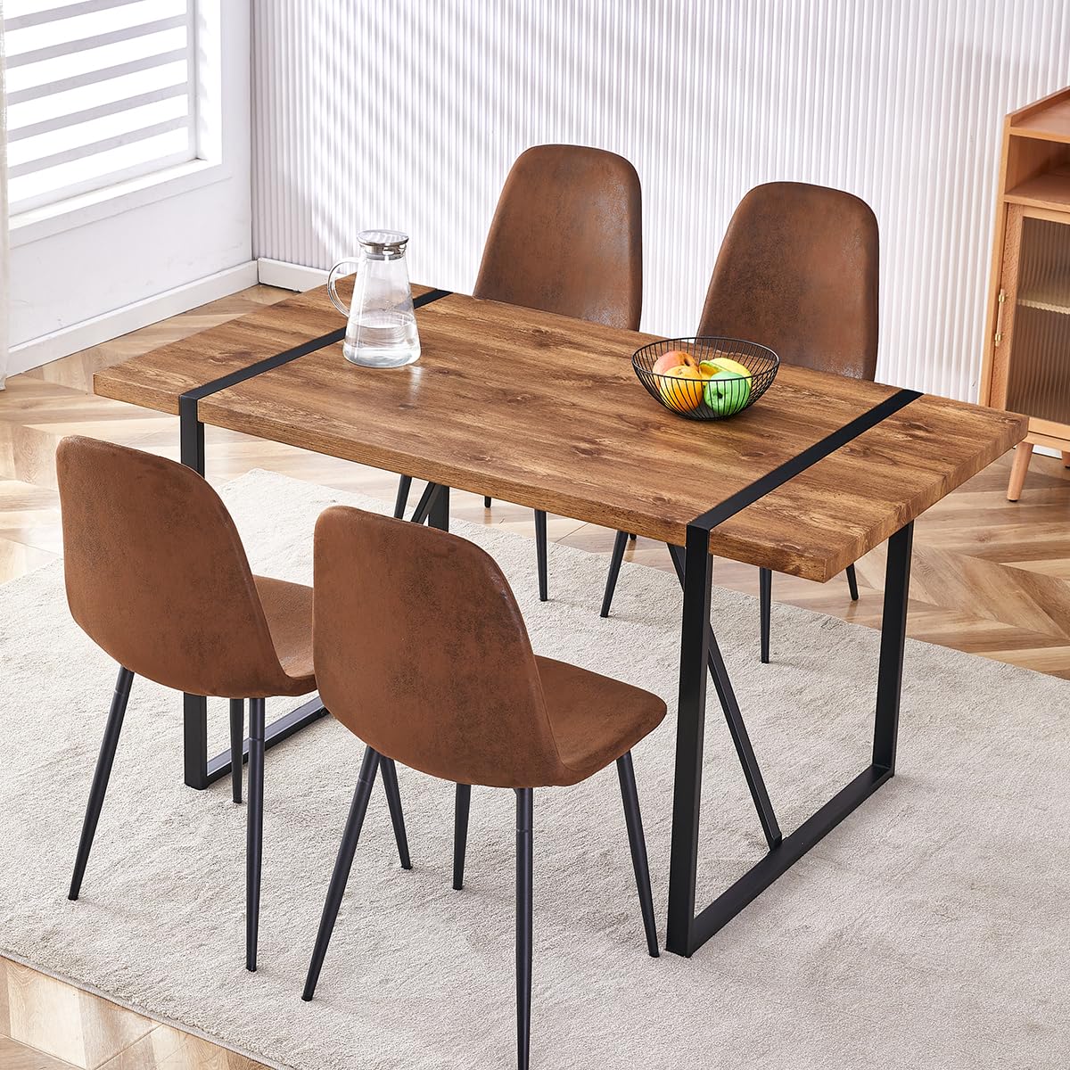 UELKS Dining Table Set for 4，Dinner Table Set for 4，55'' Kitchen Table and Suede Nap Fabic Chairs Set of 4, 5 Piece Dining Table Set for Kitchen Dining Room