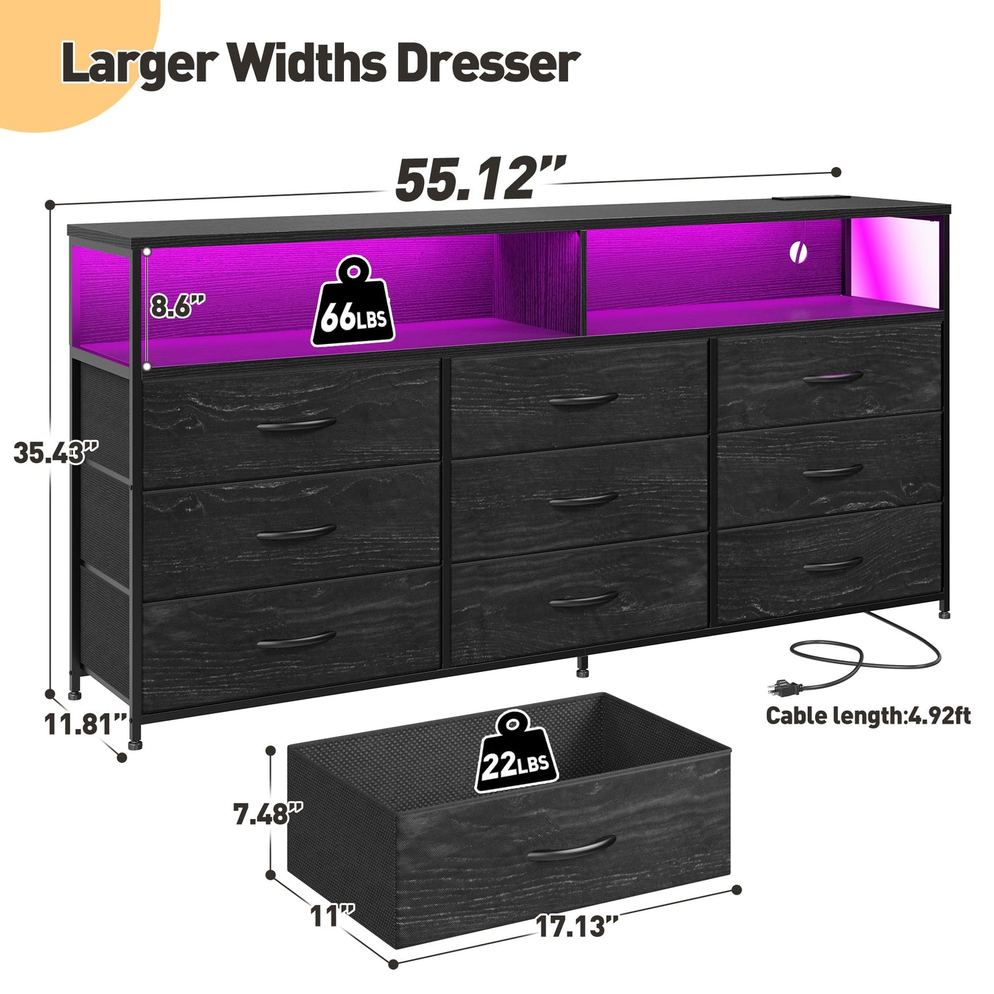 EnHomee 55” W Black Dresser for Bedroom with Charging Station & LED, 65" TV Stand for Bedroom with 9 Fabric Drawers, Sturdy Chest of Drawers with Open Storage Shelves for Closet, Living Room