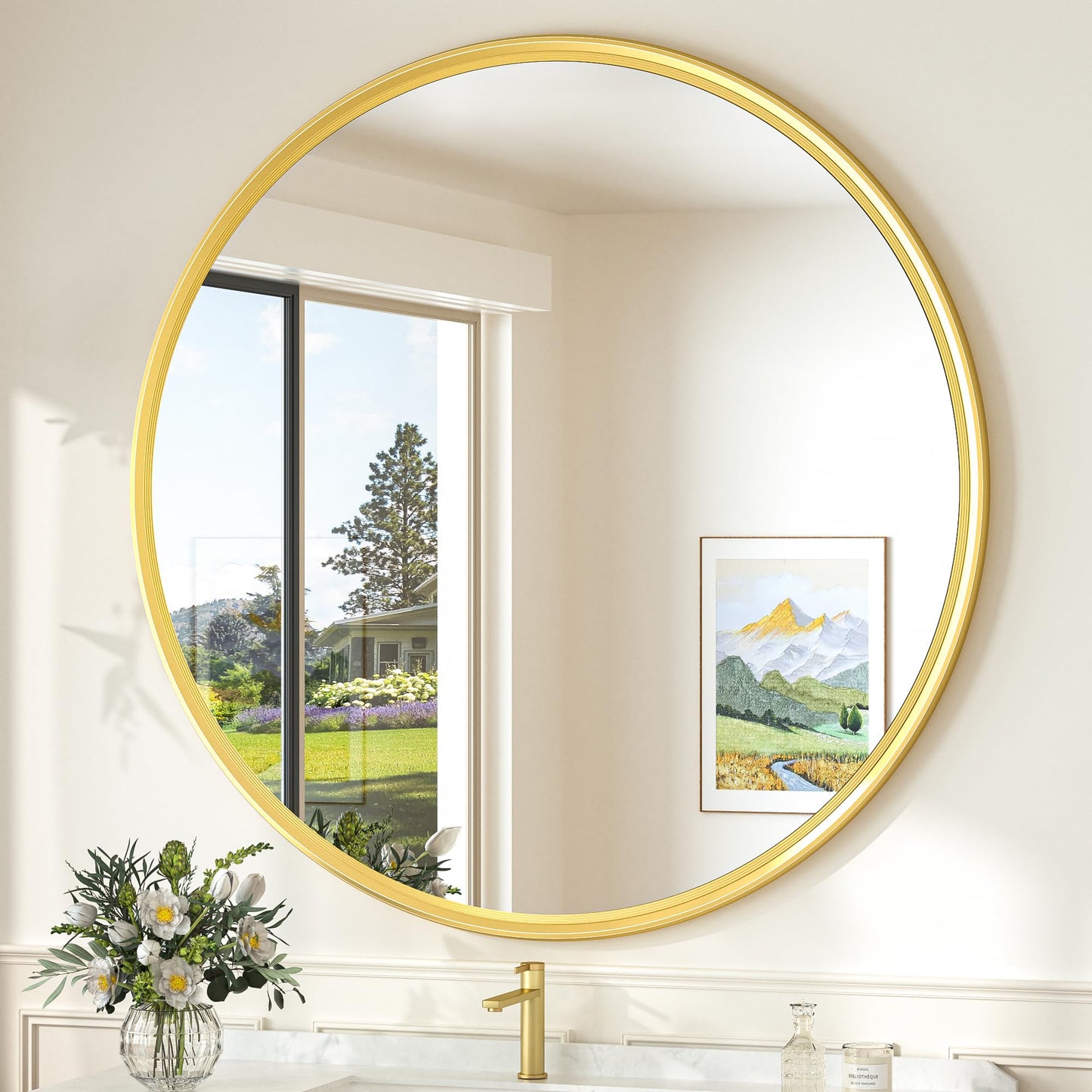 TokeShimi 40 in Brushed Gold Round Wall Mirror Tempered, Framed Mirror Shatterproof, 40x40 Bathroom Vanity Mirrored Circle Farmhouse Metal Wall Mirror for Entryway, Bedroom, Restroom, Living Room