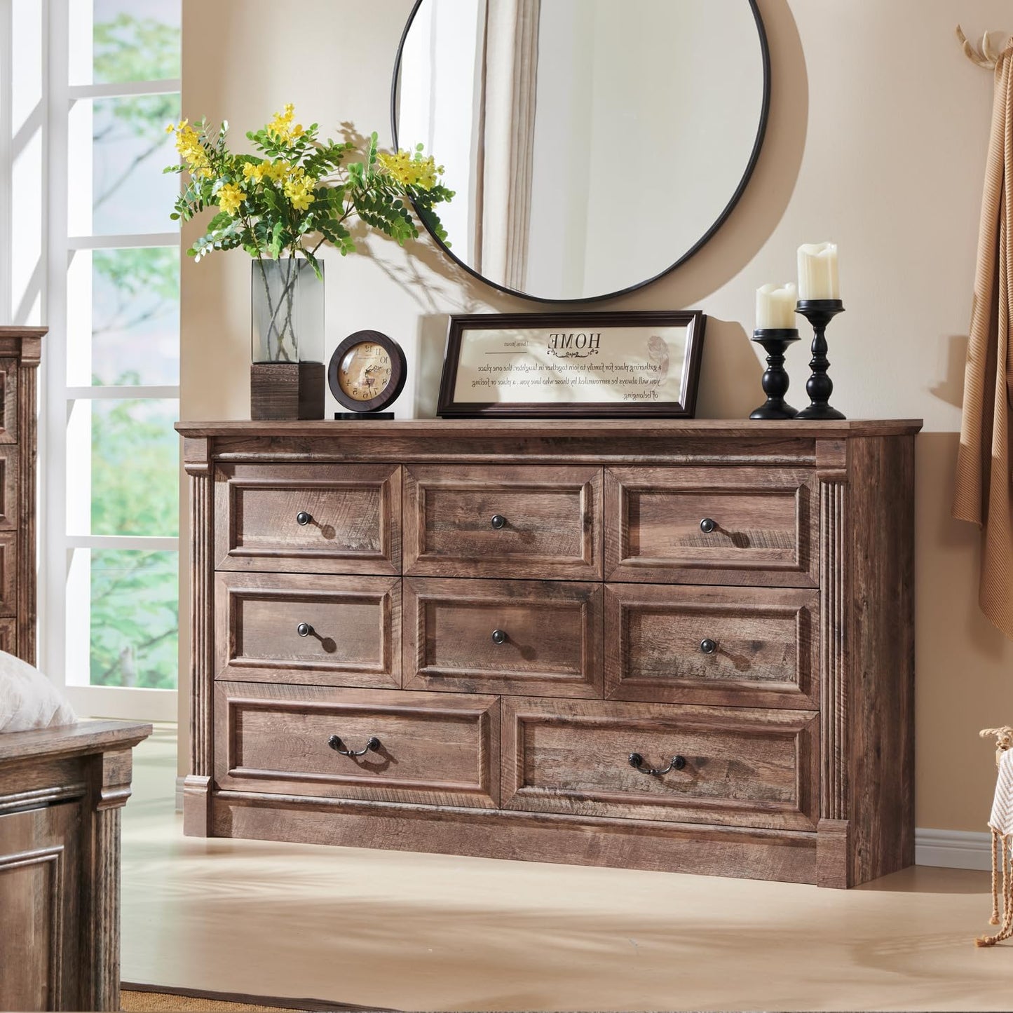 Aitjunz 8 Drawers Dresser for Bedroom, Farmhouse 61" Wide Dressers & Chests of Drawers w/Roman Column, Large Storage Dressers Organizer w/Two Different Drawer Sizes for Bedroom,Living Room,Light Brown