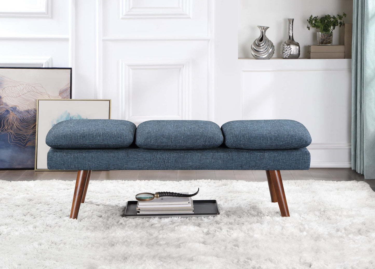 OSP Home Furnishings Amanda Mid-Century Modern Upholstered Bench with Solid Wood Tapered Legs, 54-inches, Navy Blue Fabric