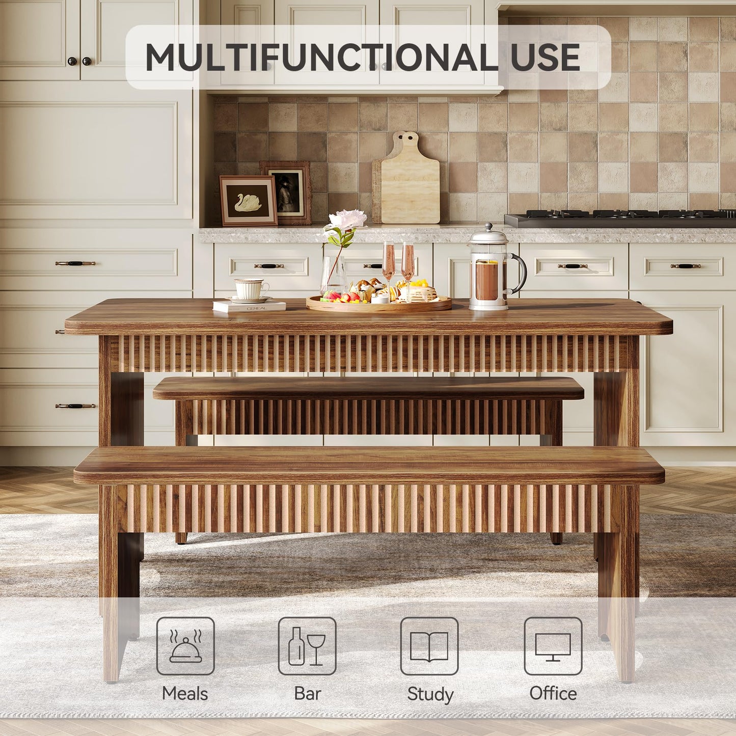 LITTLE TREE 55" Dining Table with 2 Benches, Dining Table Set for 4-6 People, Farmhouse Kitchen Table with Bench, Dining Room Table Set