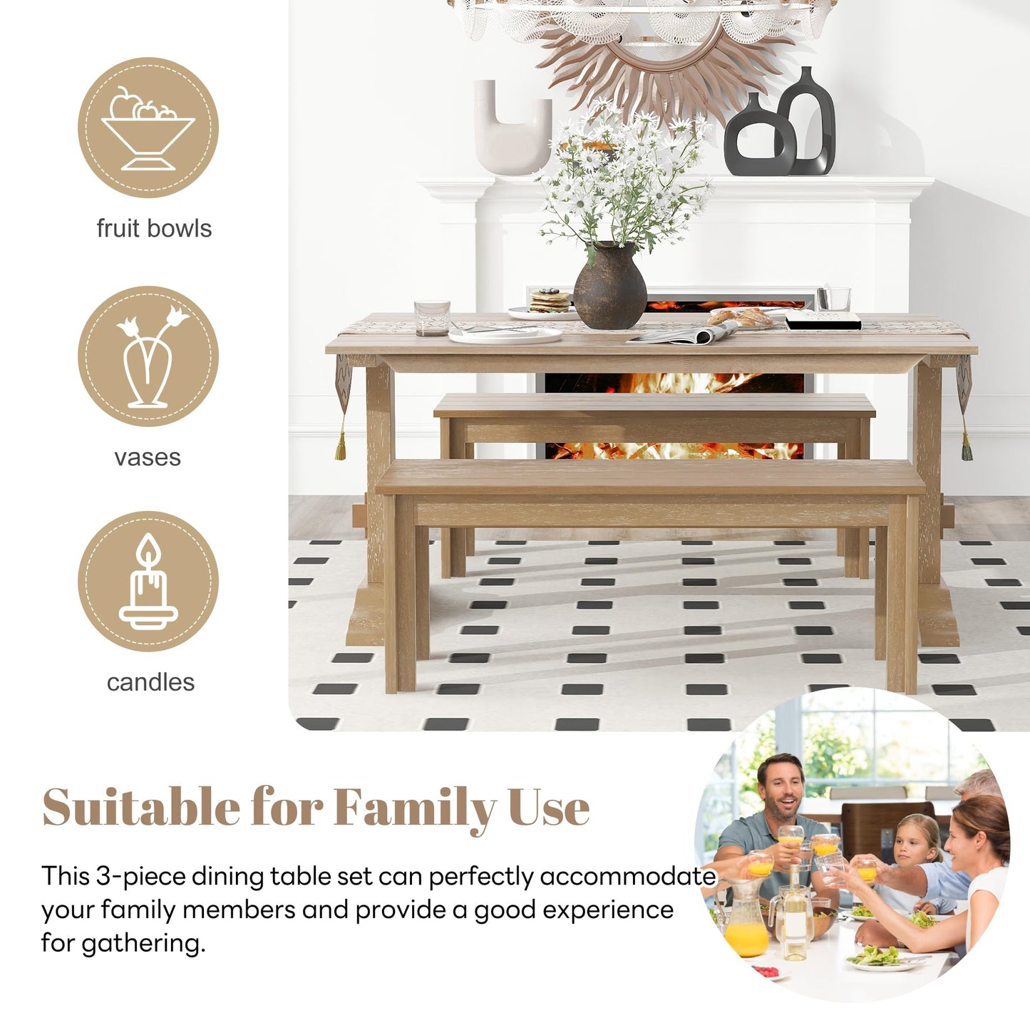 Harper & Bright Designs 3 Pieces Dining Table Set with Bench, Retro Rectangular Trestle Table and 2 Wood Benches for 4 People for Dining Room and Kitchen (Natural Wood)