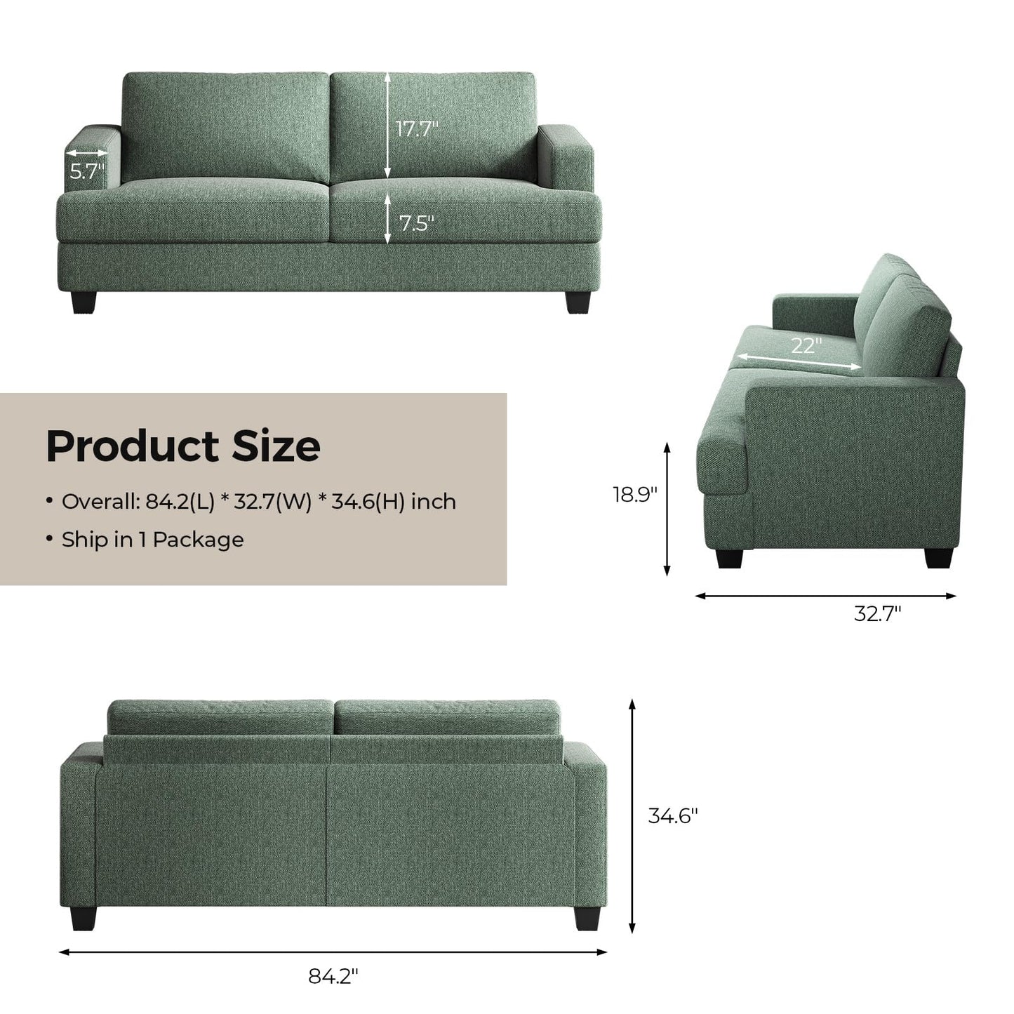 COPIAE 84 Inch Sofa with Extra Deep Seats Oversize, Linen Fabric 2 Seater Sofa for Living Room,Modern Couch and Loveseat, Comfy Armrests and Seats and Backrests, Easy Installation, Light Green