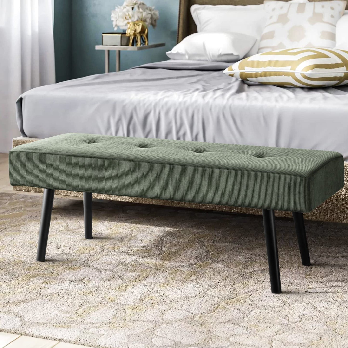 Comfy to go Entryway Bench - Green Bench for Bedroom, Modern Ottoman End of Bed, Corduroy Padded Benches for Living Room, Foyer, Mudroom, Hallway - 39" L x 14" W x 17" H