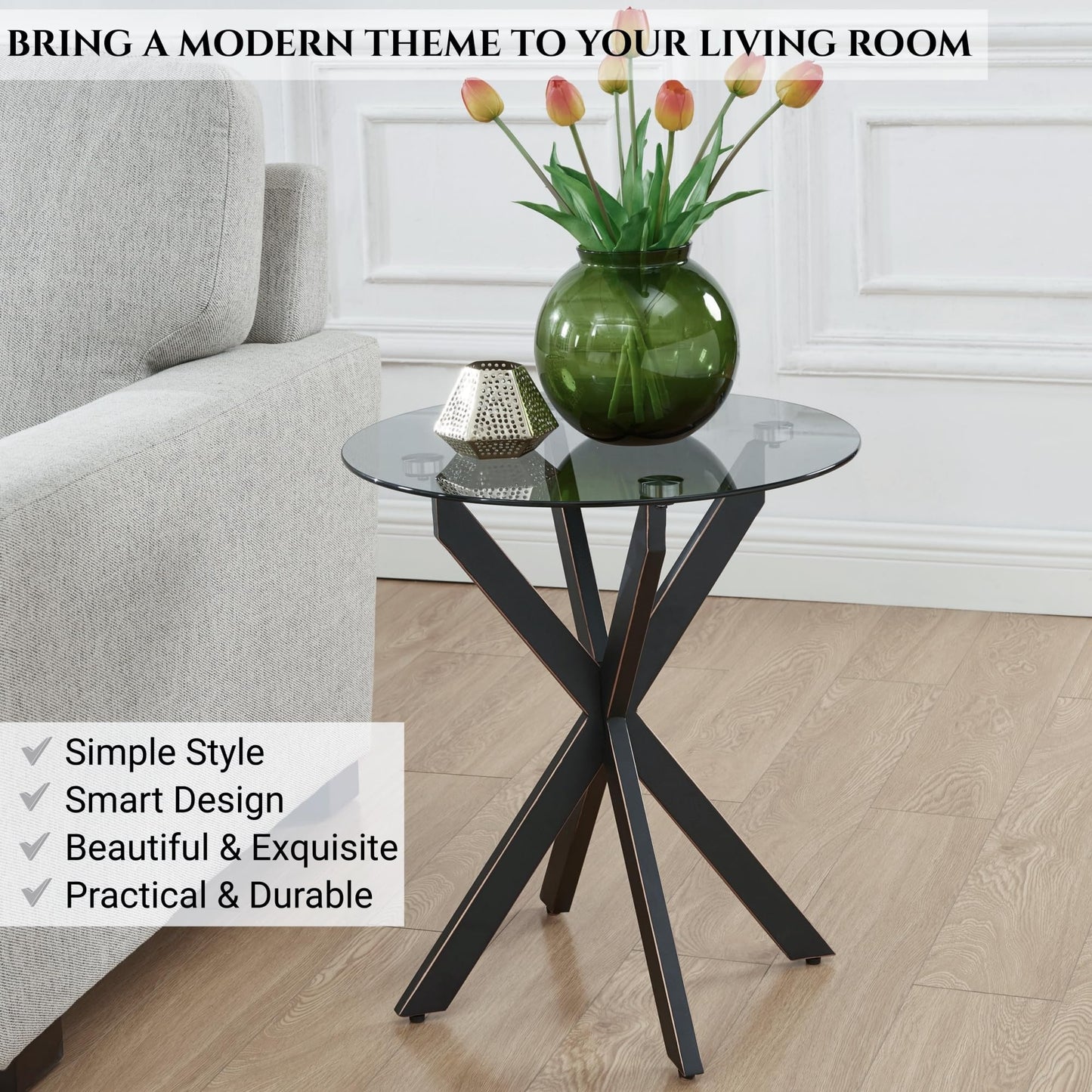 Modern Glass End Table, Small Round Side Table for Couch, Sofa Table with Grey Tempered Glass Top for Living Room, Bedroom, Bedside, 19.7" Wx21.7 H Black